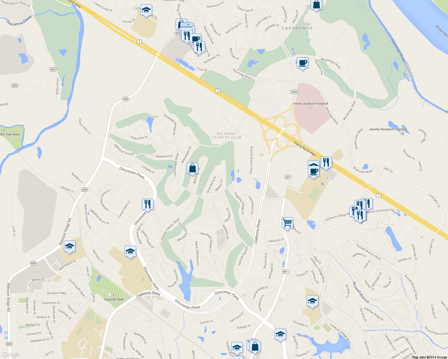 map of restaurants, bars, coffee shops, grocery stores, and more near 19858 Mellon Circle in Ashburn
