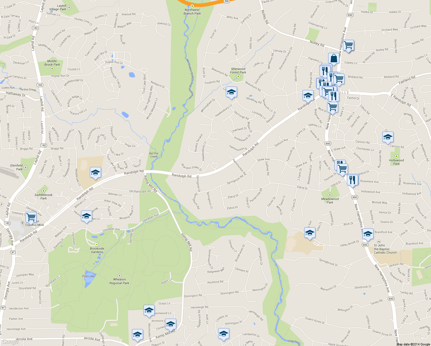 map of restaurants, bars, coffee shops, grocery stores, and more near 600 Randolph Road in Silver Spring