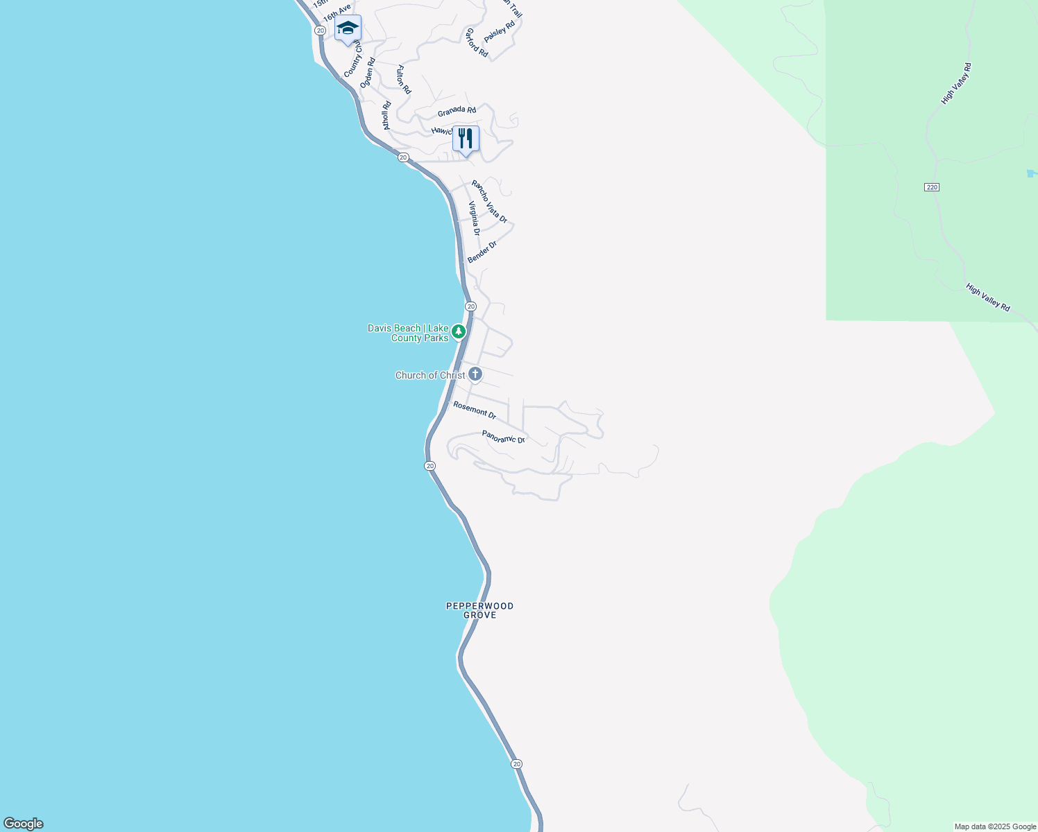 map of restaurants, bars, coffee shops, grocery stores, and more near 2212 Alta Vista Way in Lucerne