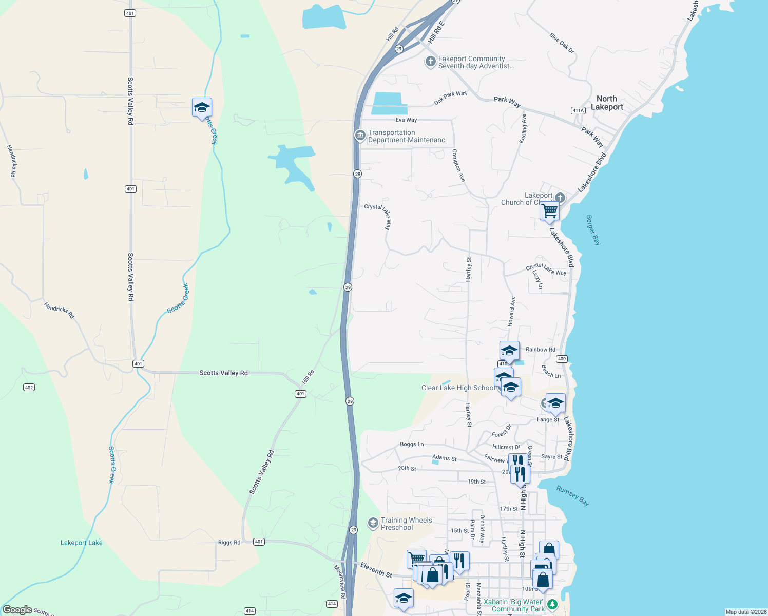 map of restaurants, bars, coffee shops, grocery stores, and more near 2631 Withington Way in Lakeport