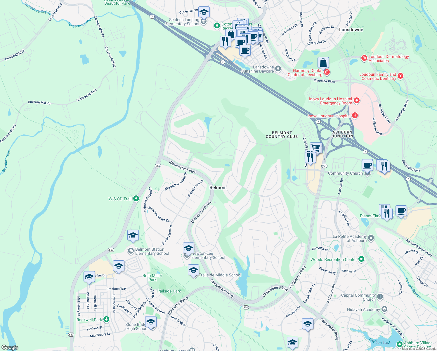 map of restaurants, bars, coffee shops, grocery stores, and more near 19858 La Bete Ct in Ashburn