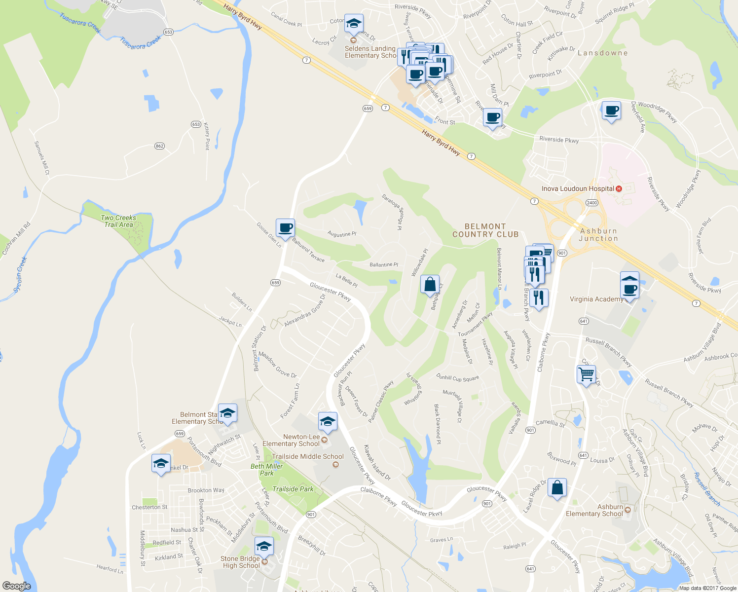 map of restaurants, bars, coffee shops, grocery stores, and more near 43371 La Belle Place in Ashburn