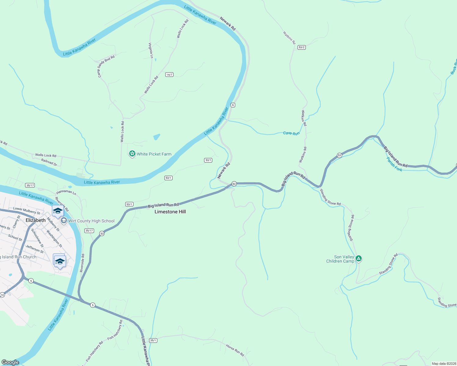 map of restaurants, bars, coffee shops, grocery stores, and more near 1629 Big Island Run Road in Elizabeth