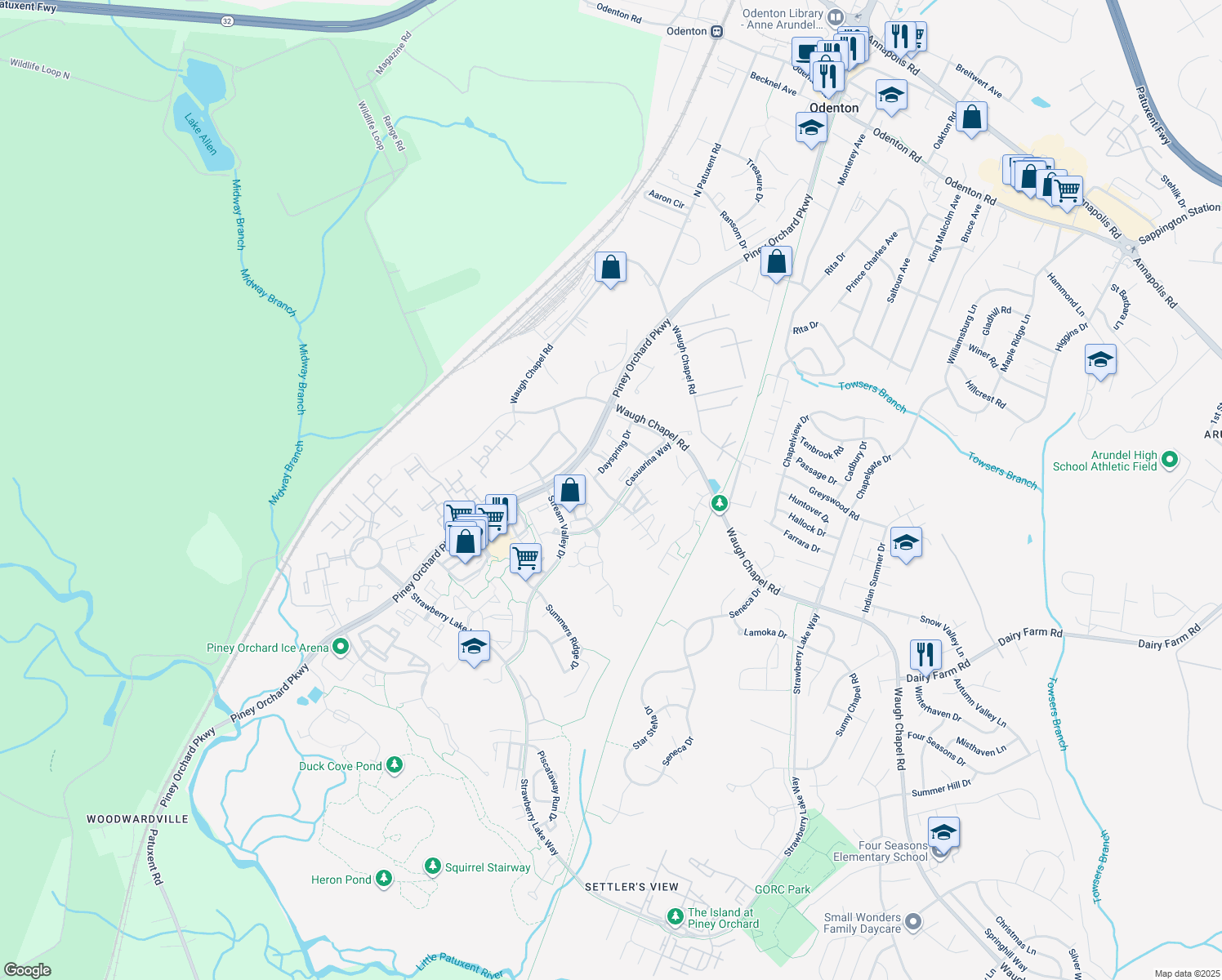 map of restaurants, bars, coffee shops, grocery stores, and more near 2442 Winding Ridge Road in Odenton