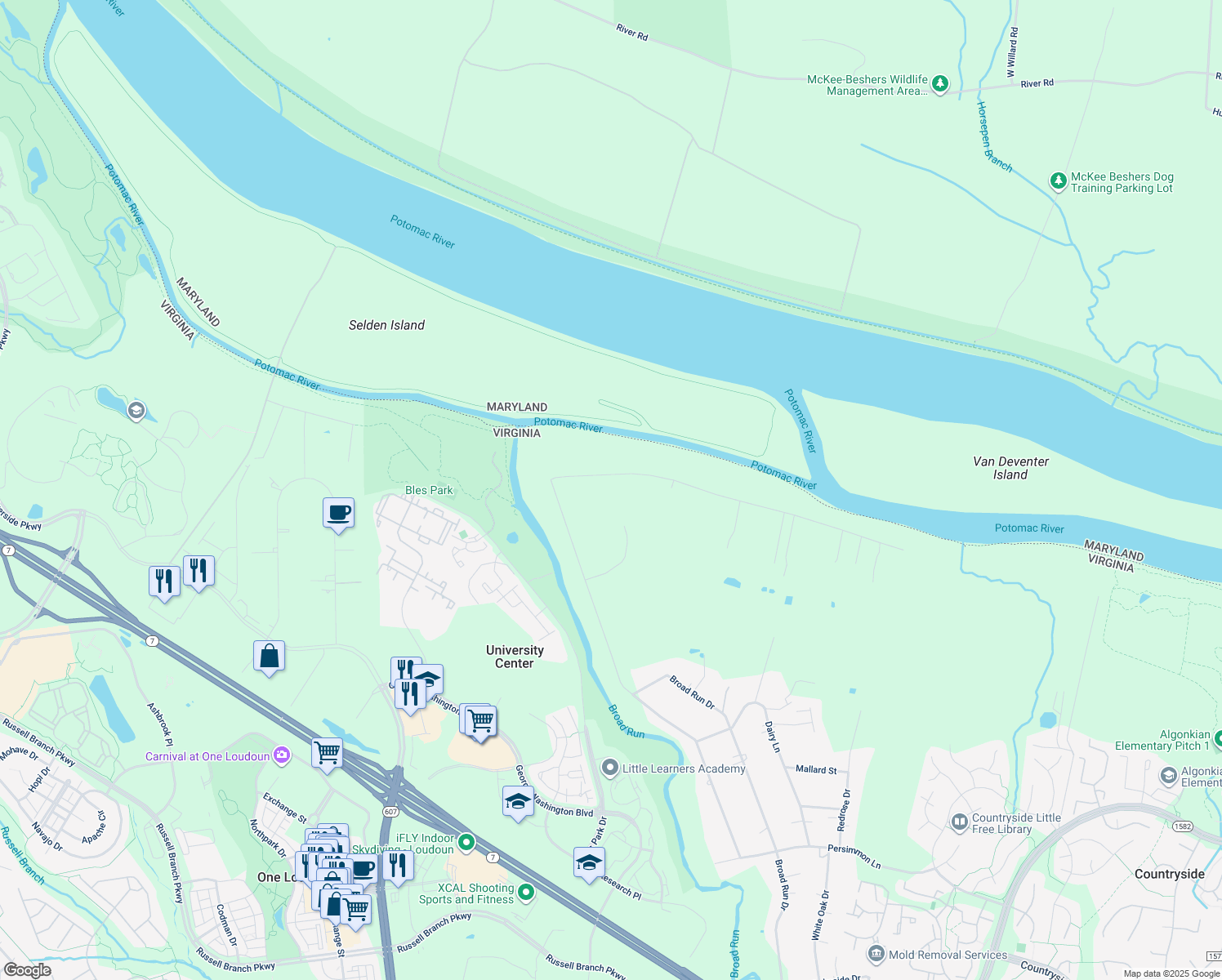 map of restaurants, bars, coffee shops, grocery stores, and more near 19598 Youngs Cliff Road in Sterling