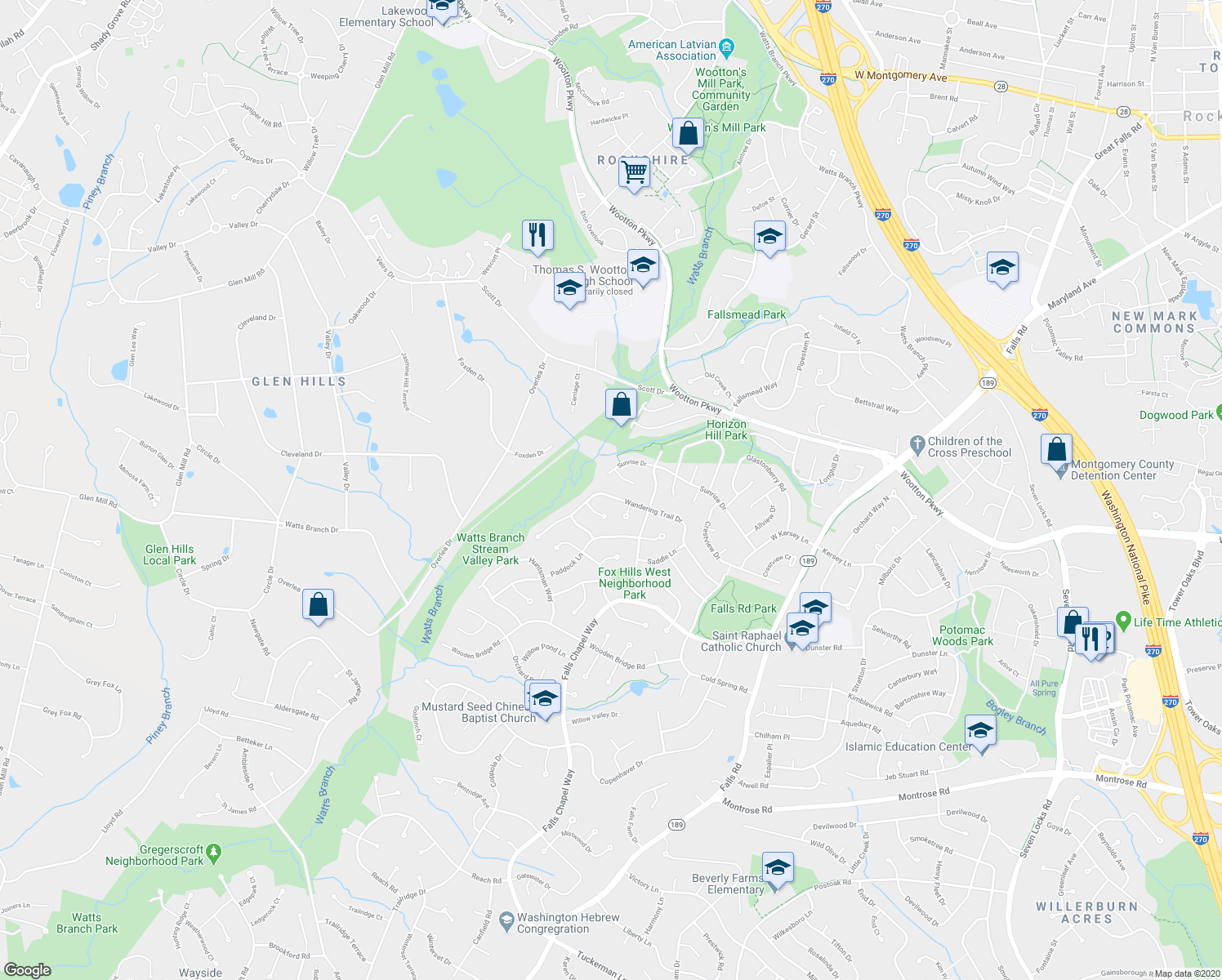 map of restaurants, bars, coffee shops, grocery stores, and more near 9013 Wandering Trail Drive in Potomac