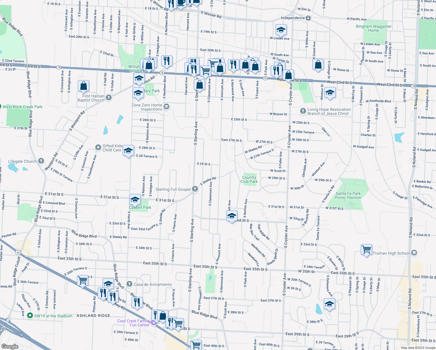 map of restaurants, bars, coffee shops, grocery stores, and more near 2920 S Vermont Ave in Independence