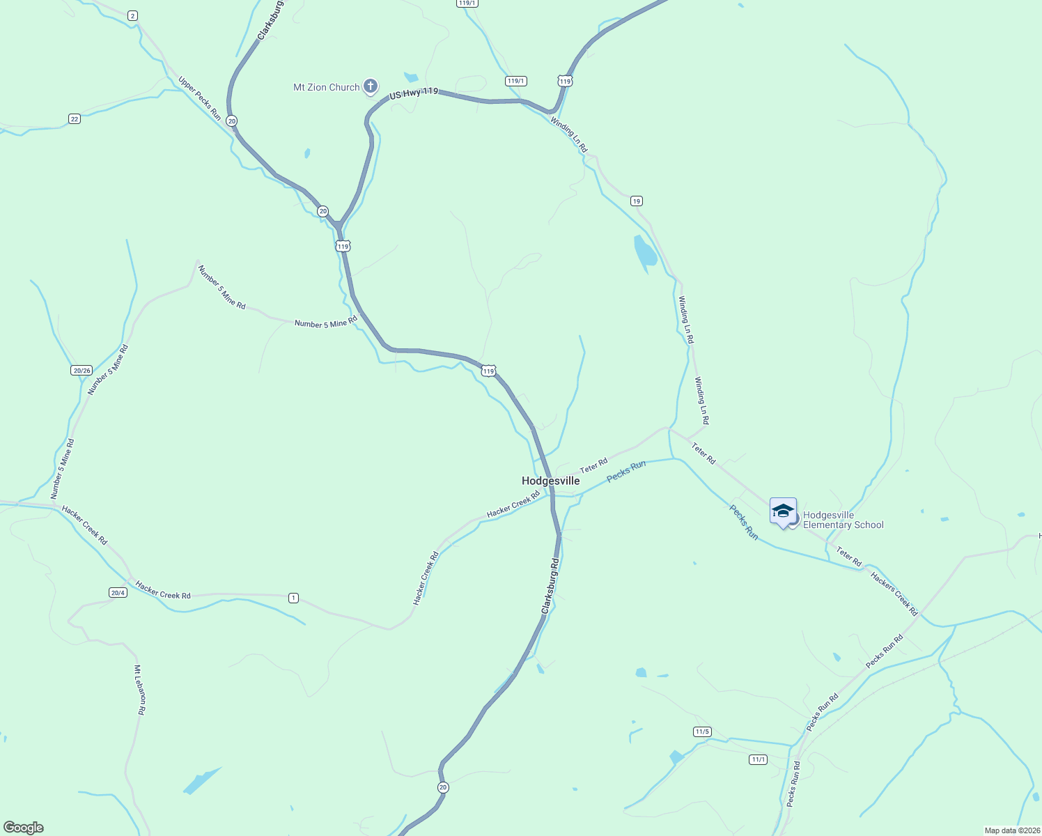 map of restaurants, bars, coffee shops, grocery stores, and more near U.S. 119 in Buckhannon