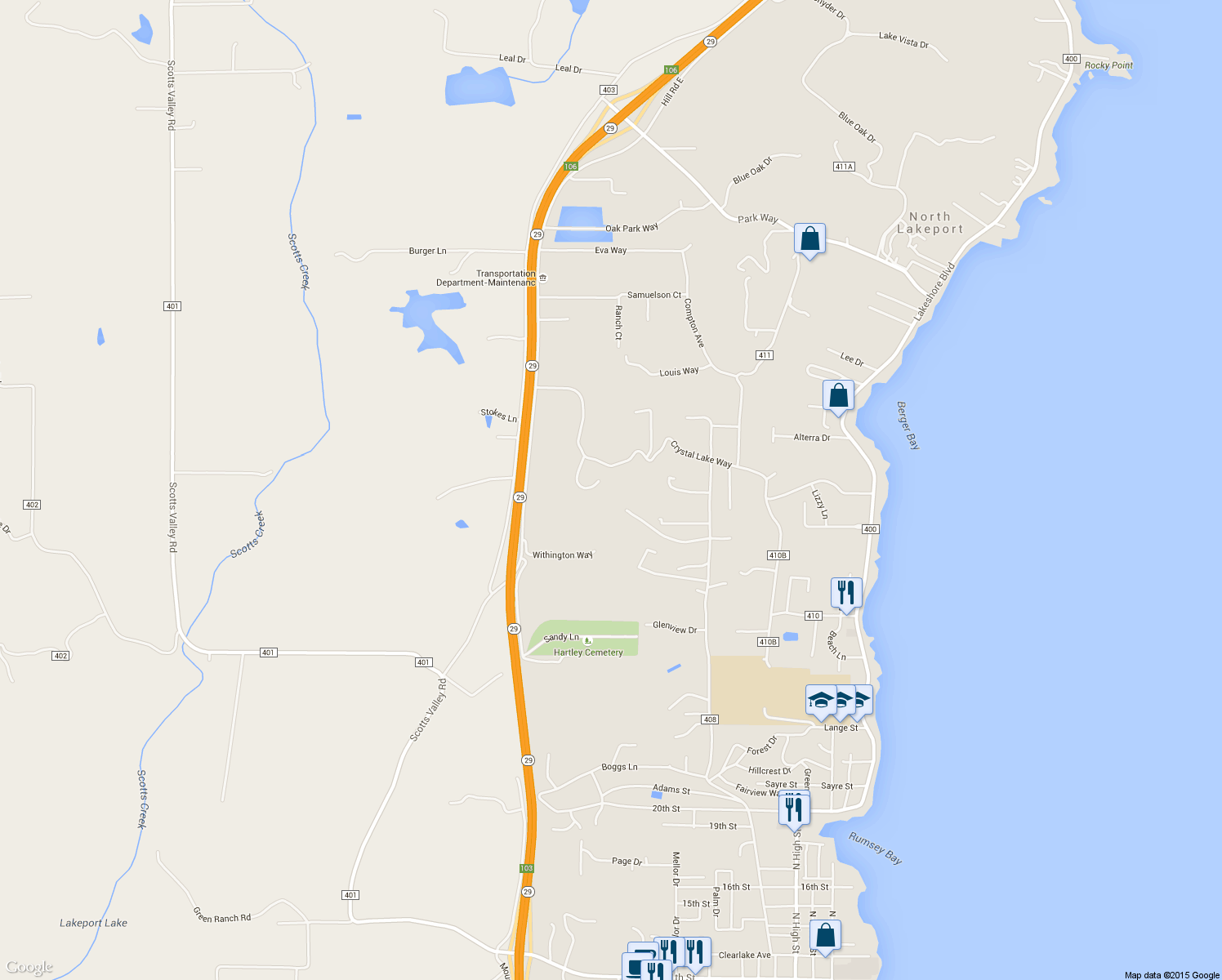 map of restaurants, bars, coffee shops, grocery stores, and more near 2795 Louis Court in Lakeport