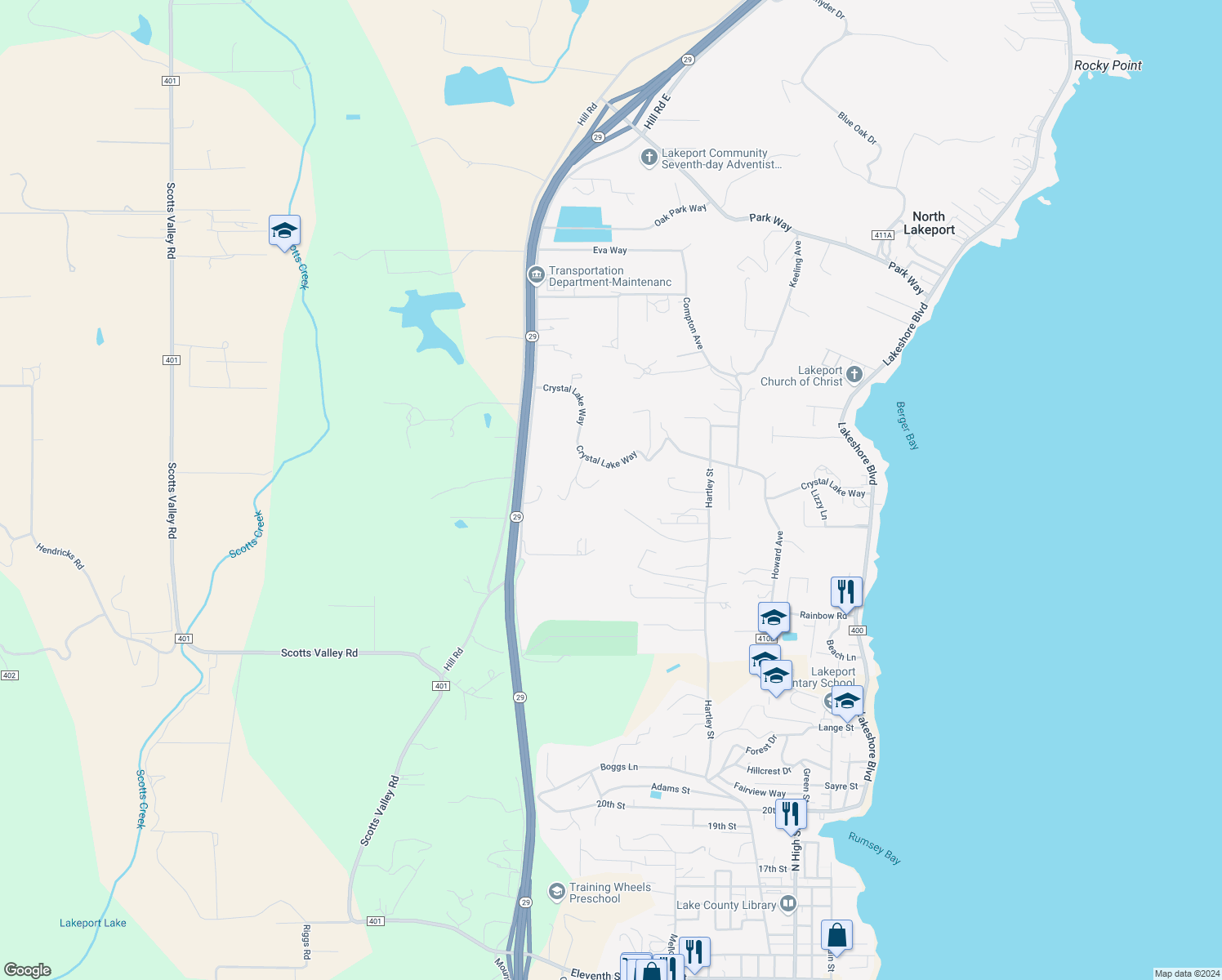 map of restaurants, bars, coffee shops, grocery stores, and more near 2795 Louis Court in Lakeport