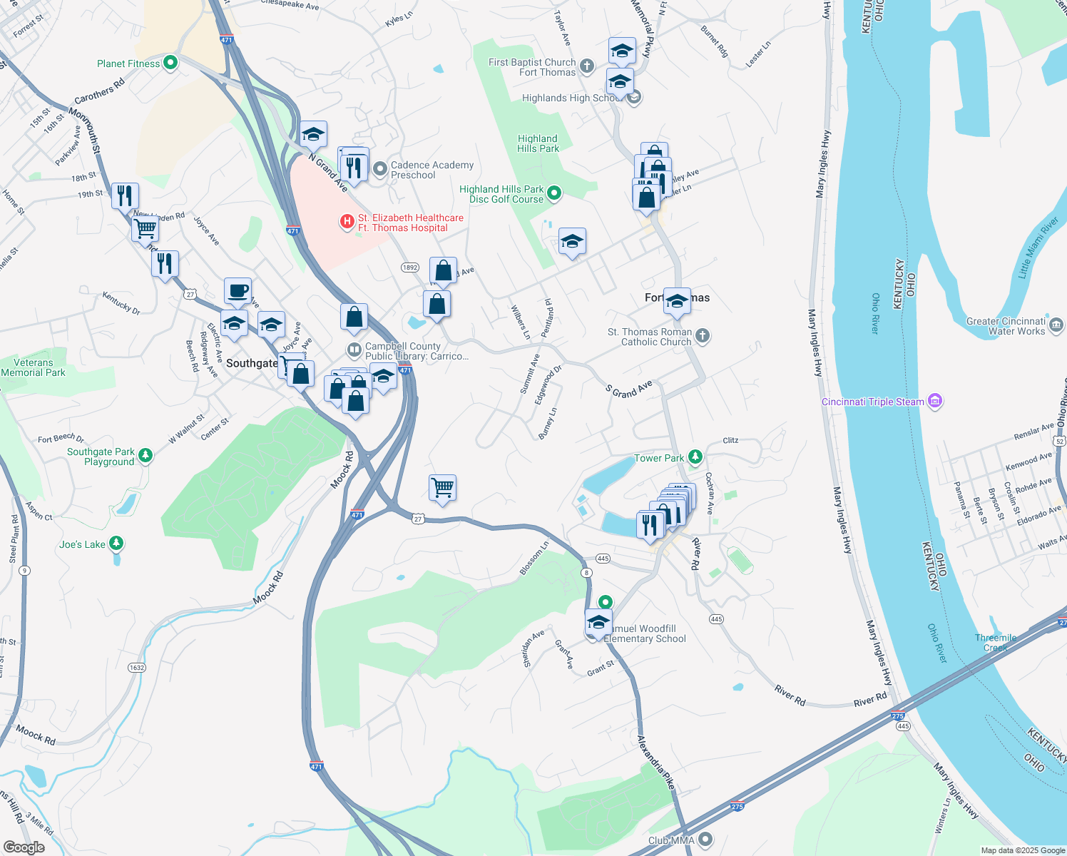 map of restaurants, bars, coffee shops, grocery stores, and more near 117 Burney Ln in Fort Thomas