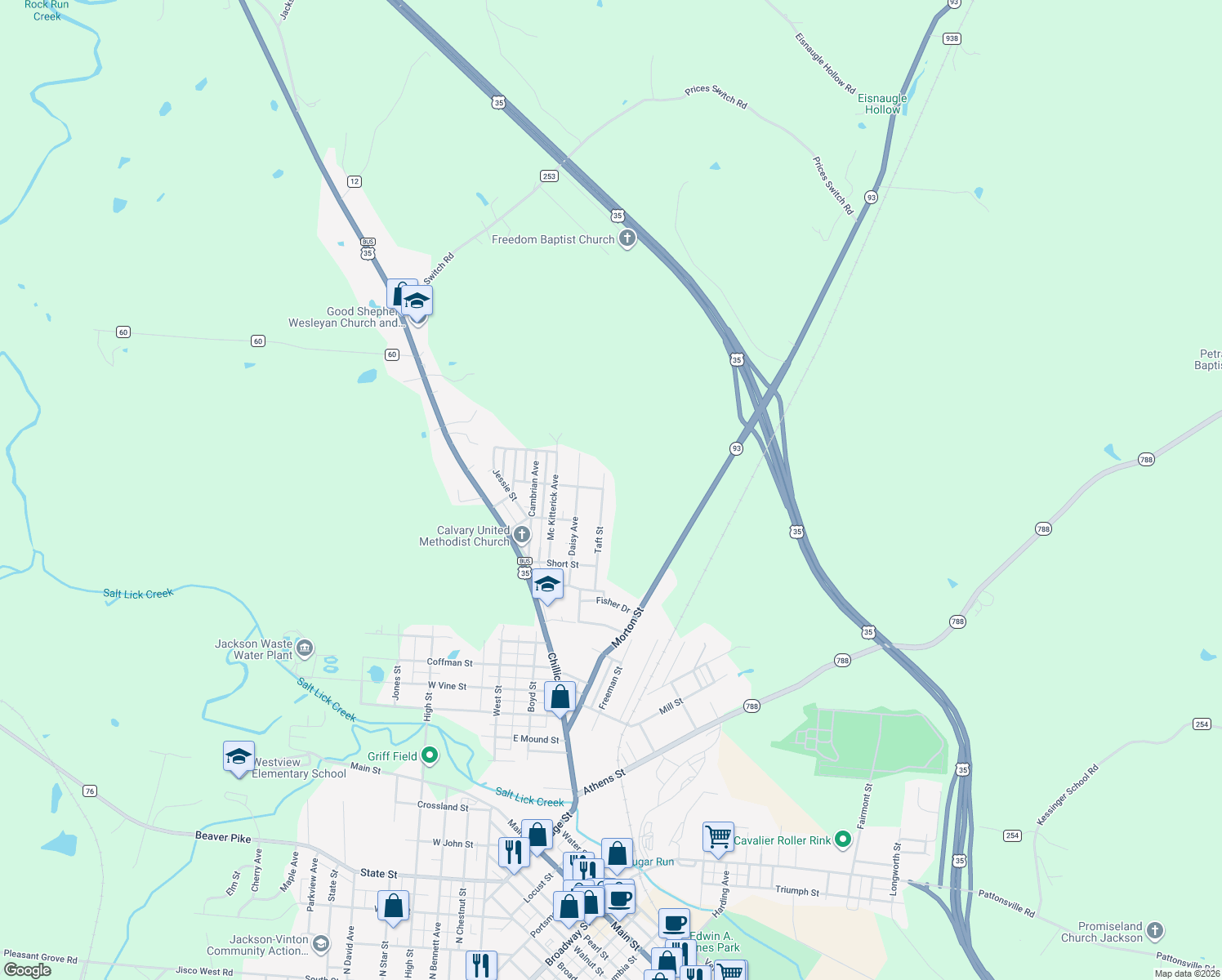 map of restaurants, bars, coffee shops, grocery stores, and more near 185 Taft Street in Jackson