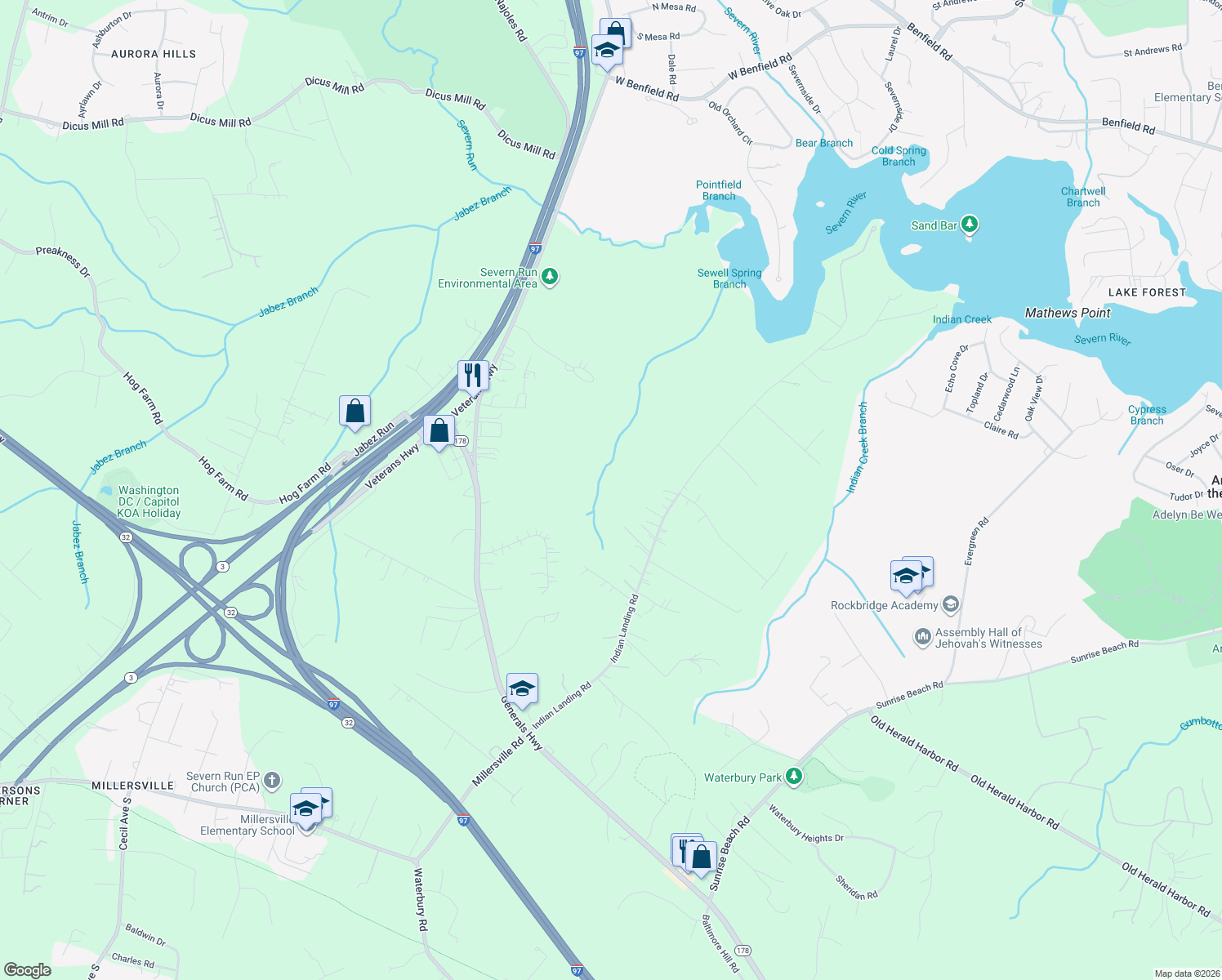 map of restaurants, bars, coffee shops, grocery stores, and more near 1124 Indian Landing Road in Millersville
