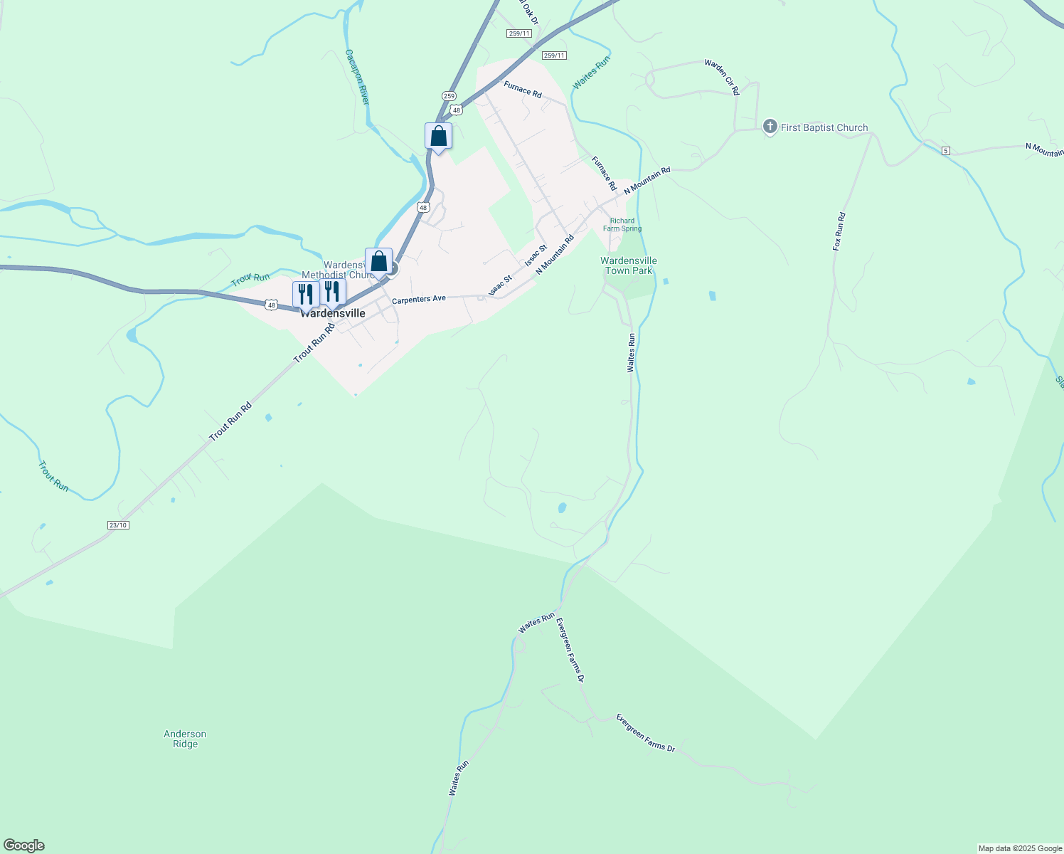 map of restaurants, bars, coffee shops, grocery stores, and more near 360 Anderson Ridge Road in Wardensville