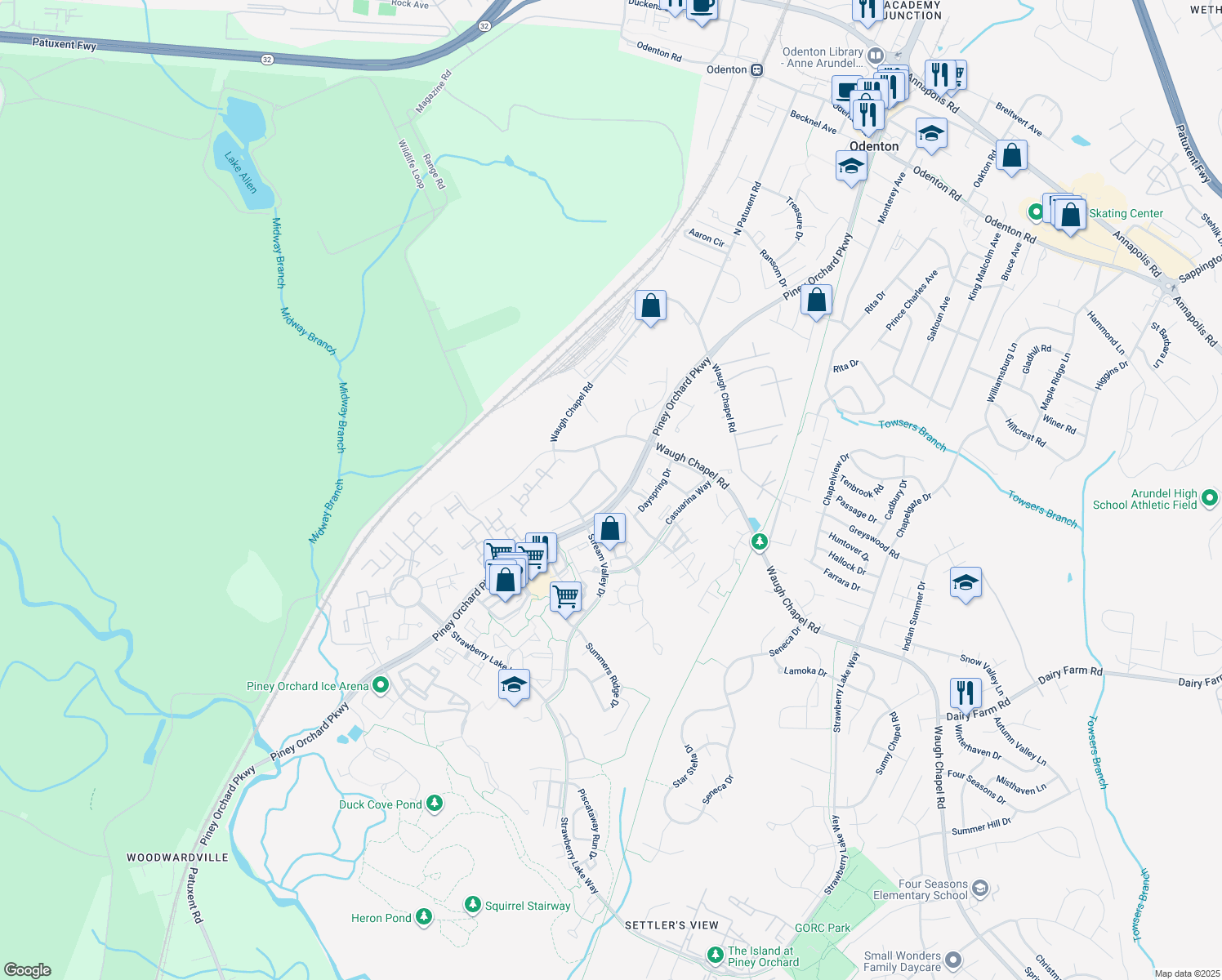 map of restaurants, bars, coffee shops, grocery stores, and more near 8538 Pine Meadows Drive in Odenton