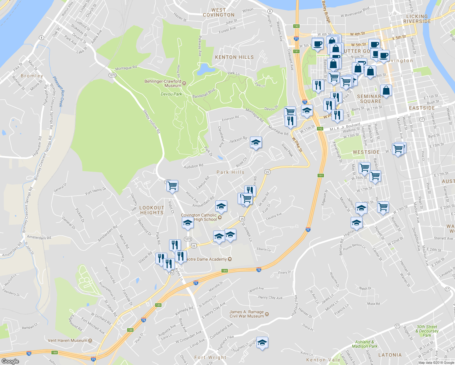map of restaurants, bars, coffee shops, grocery stores, and more near 915 Alhambra Court in Park Hills