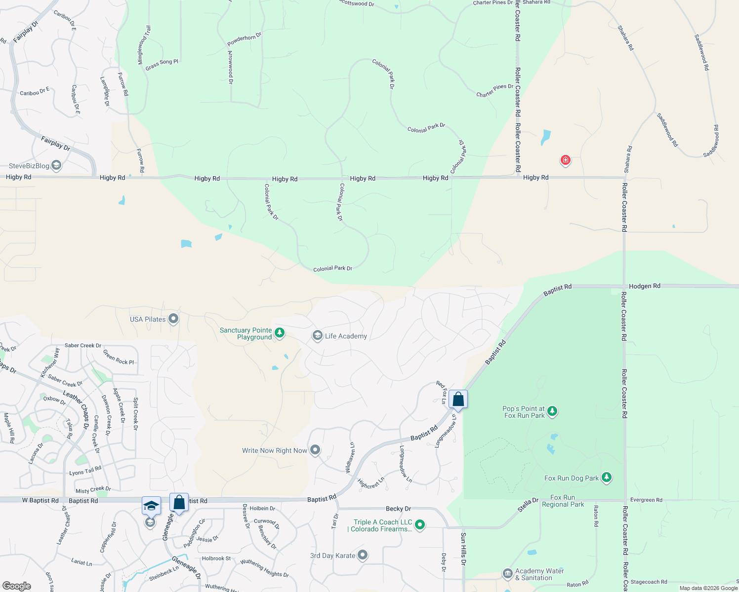 map of restaurants, bars, coffee shops, grocery stores, and more near 1225 Carnahan Court in Monument