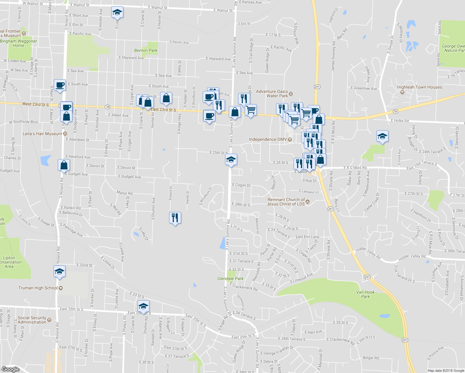 map of restaurants, bars, coffee shops, grocery stores, and more near 16001 East Cogan Drive in Independence