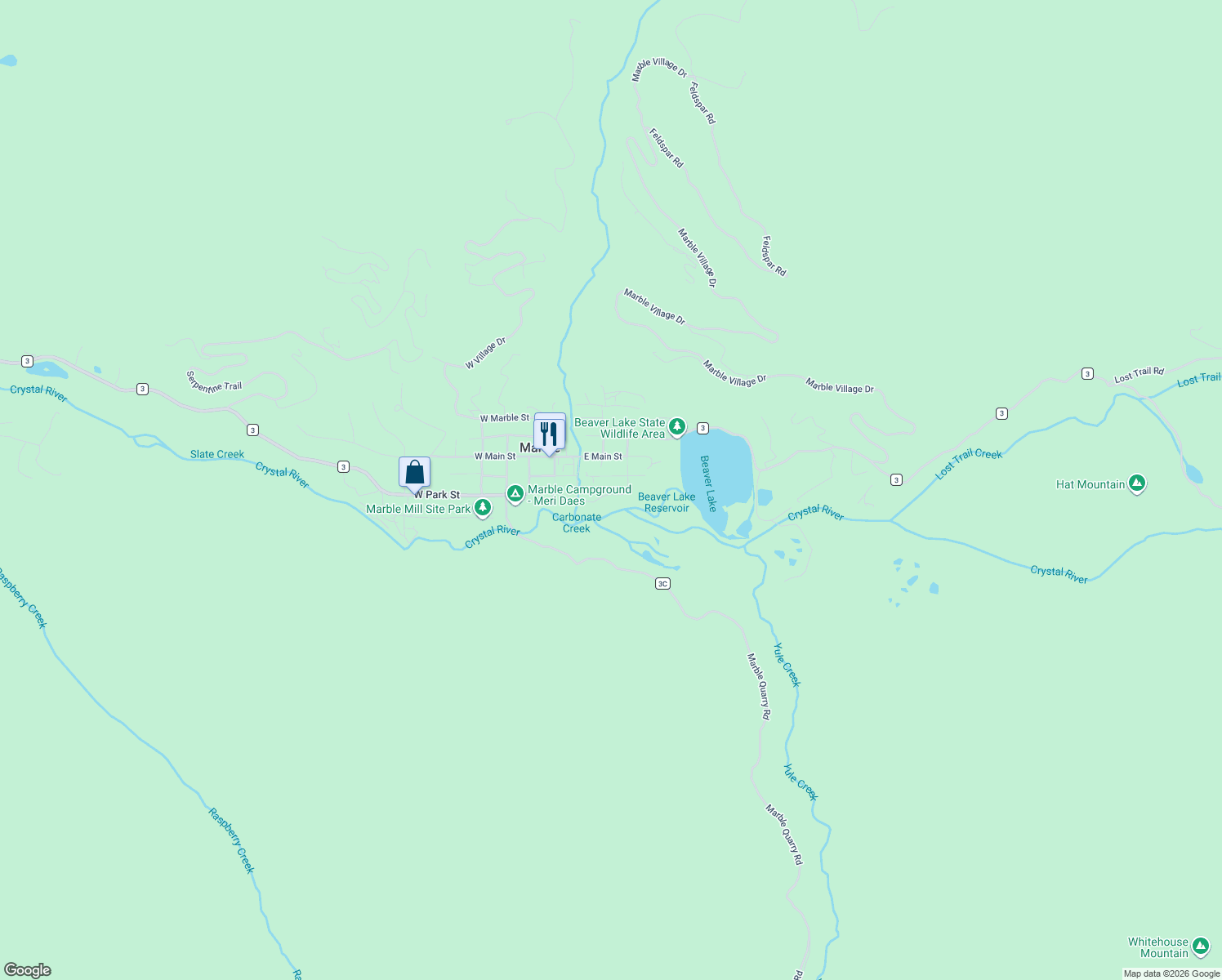 map of restaurants, bars, coffee shops, grocery stores, and more near 213 E Park St in Marble