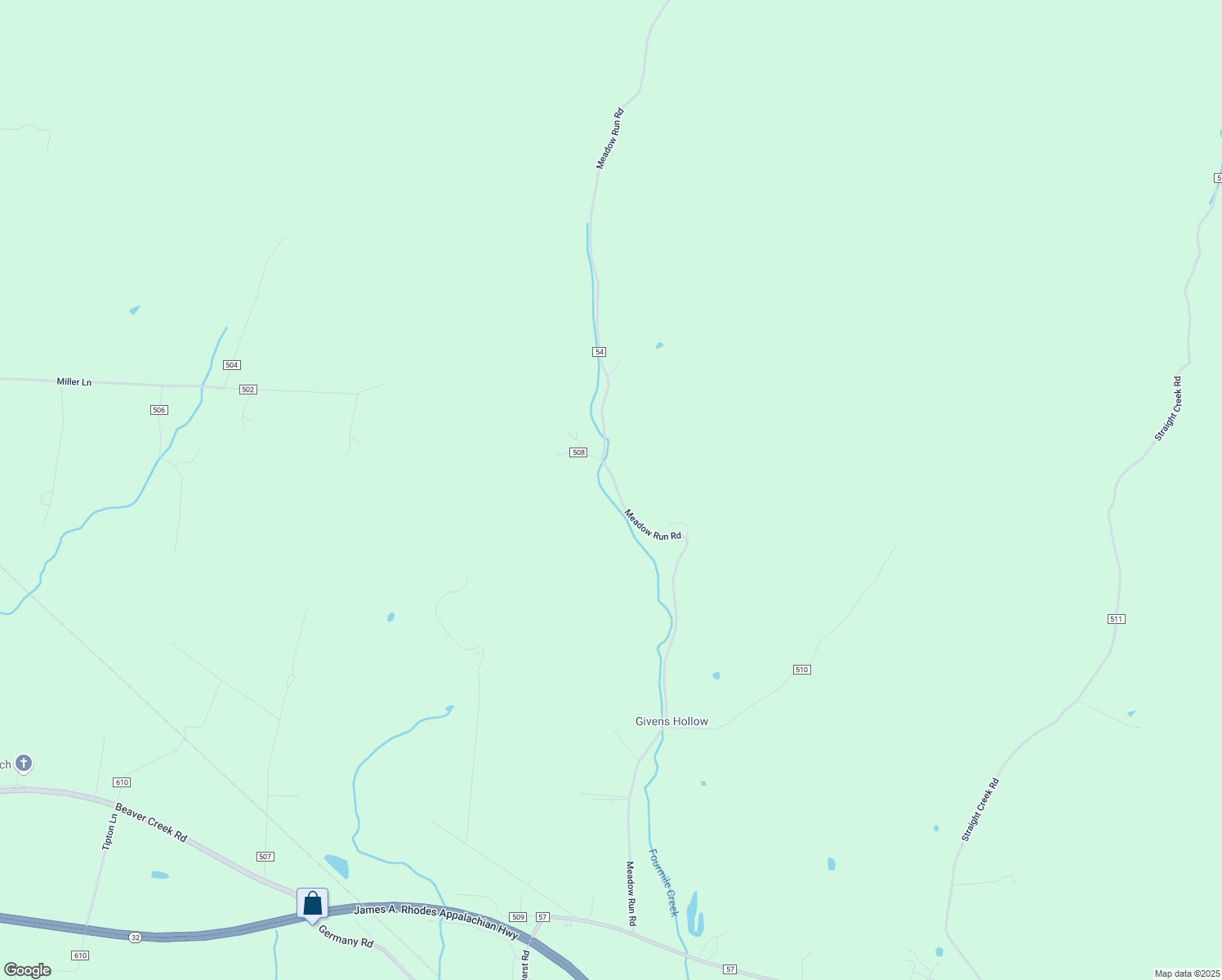 map of restaurants, bars, coffee shops, grocery stores, and more near 1455 Meadow Run Road in Waverly