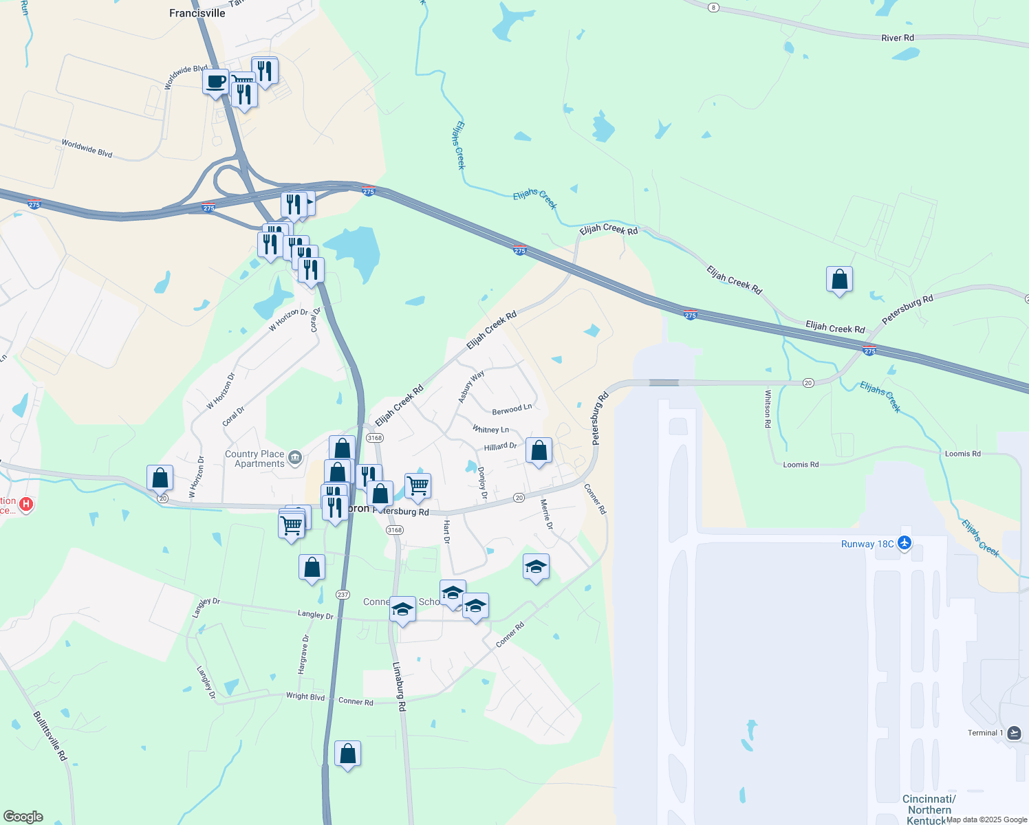 map of restaurants, bars, coffee shops, grocery stores, and more near 2652 Berwood Lane in Hebron