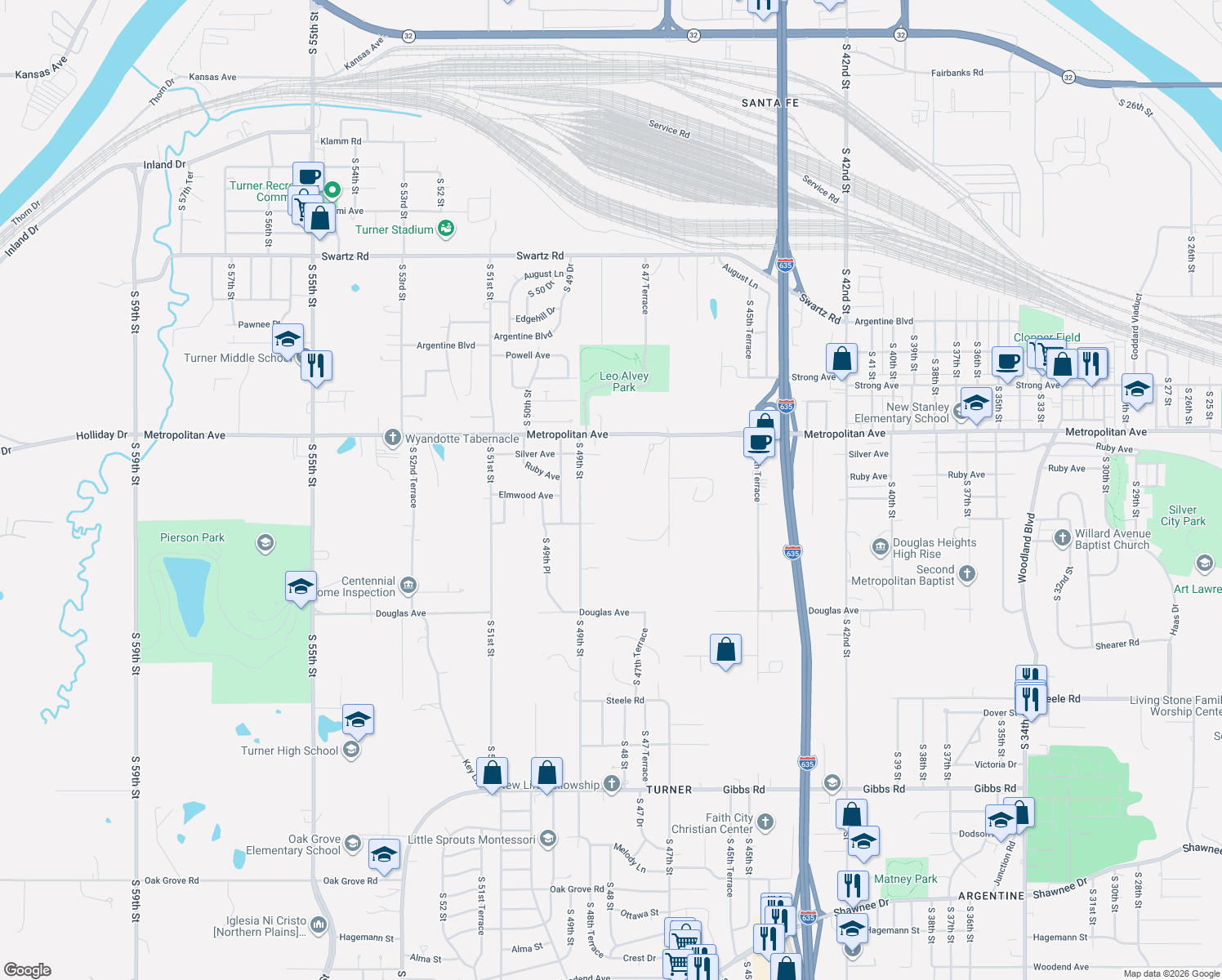 map of restaurants, bars, coffee shops, grocery stores, and more near 4819 Metropolitan Avenue in Kansas City