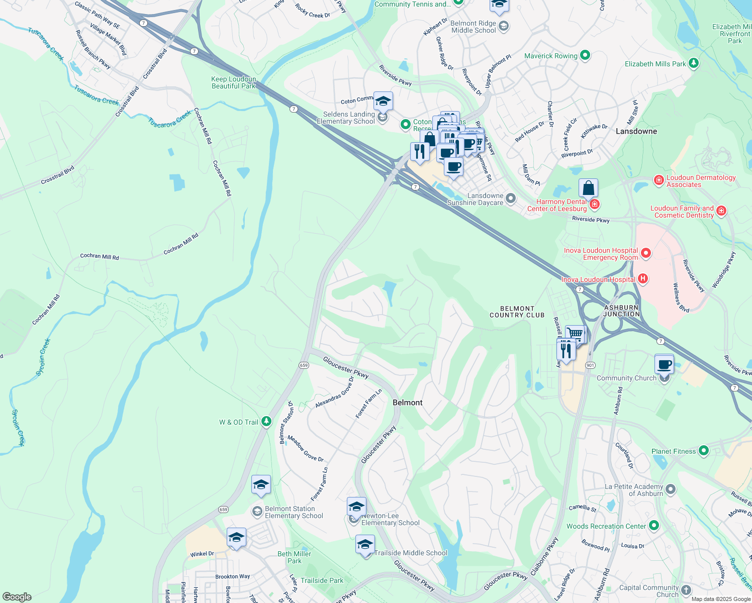 map of restaurants, bars, coffee shops, grocery stores, and more near 19663 Olympic Club Court in Ashburn