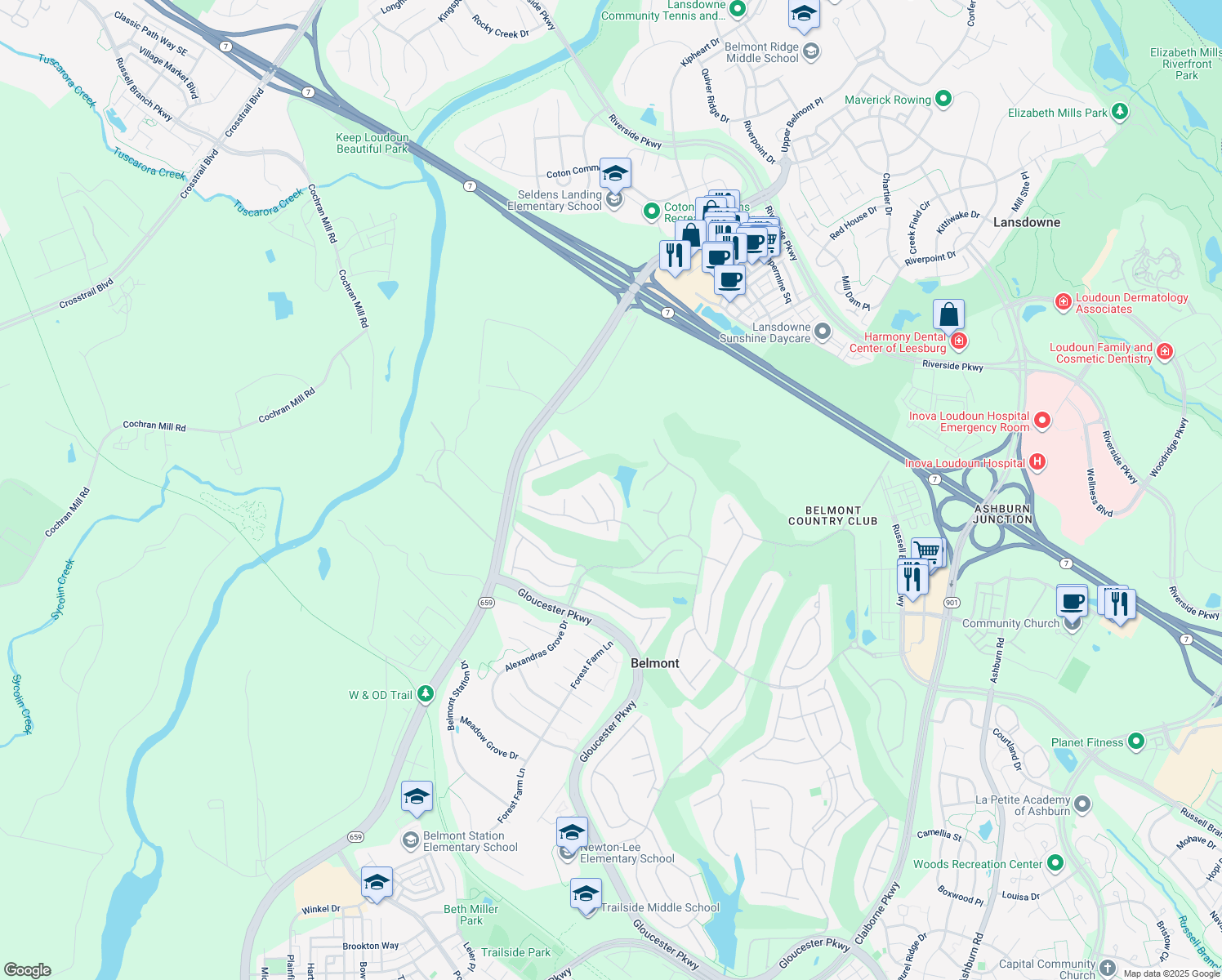map of restaurants, bars, coffee shops, grocery stores, and more near 19662 Olympic Club Court in Ashburn