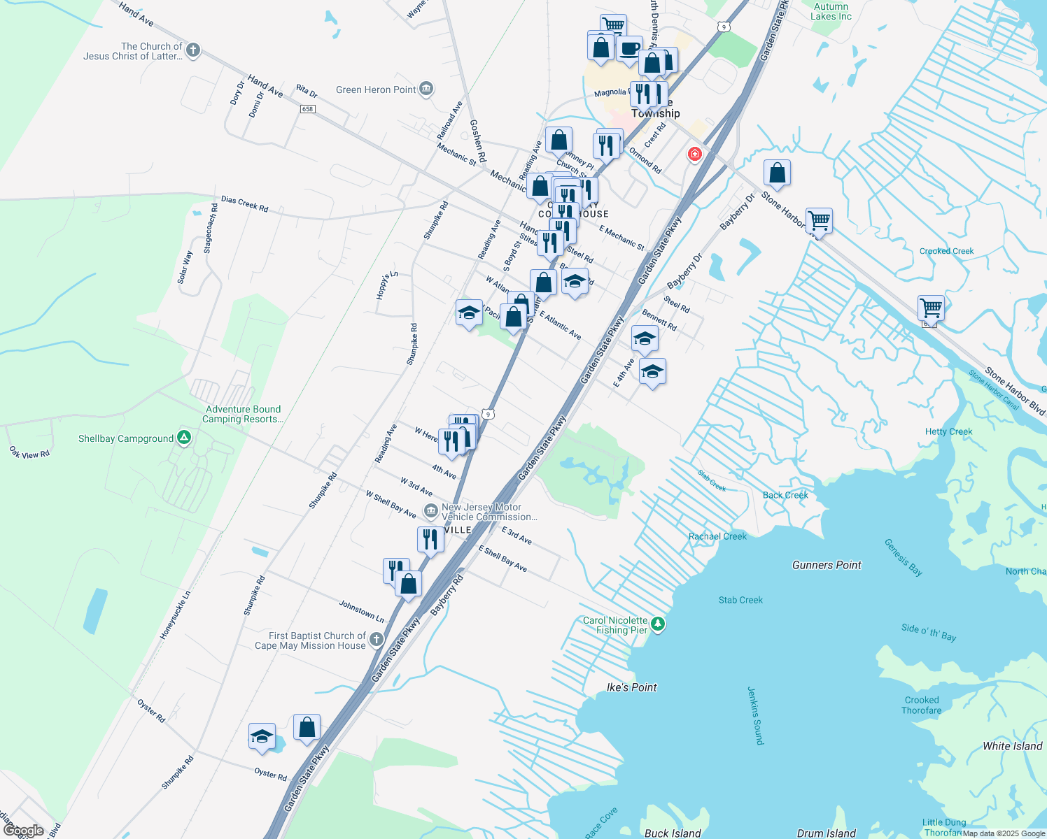 map of restaurants, bars, coffee shops, grocery stores, and more near 804 Route 9 South in Middle Township