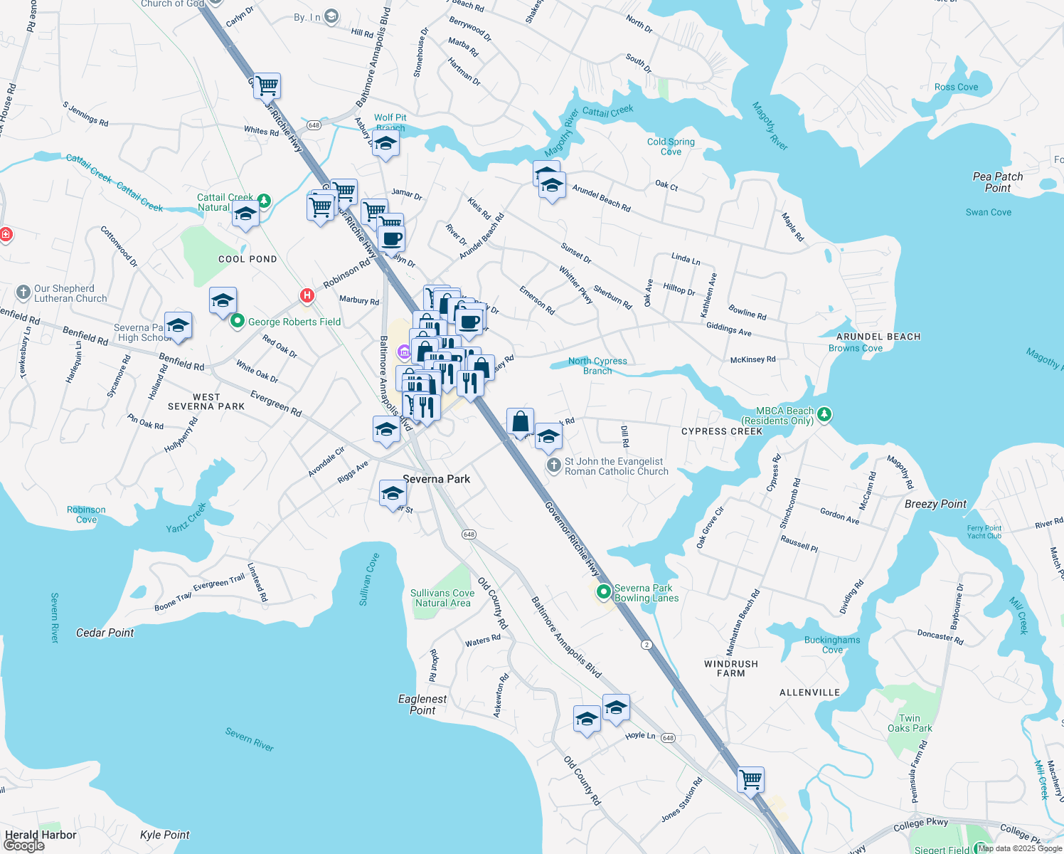 map of restaurants, bars, coffee shops, grocery stores, and more near 28 Cypress Creek Road in Severna Park