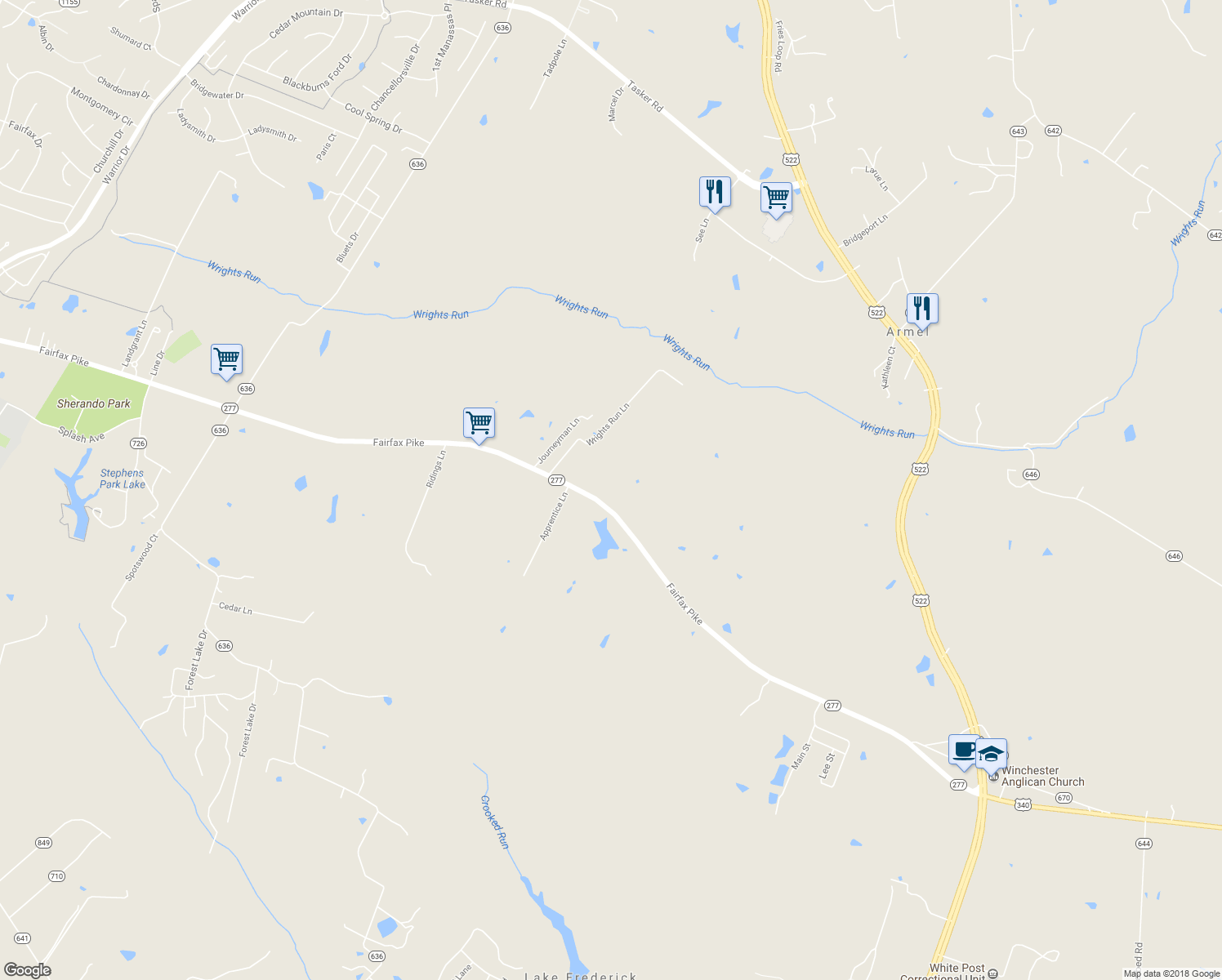 map of restaurants, bars, coffee shops, grocery stores, and more near 1615 Fairfax Pike in White Post
