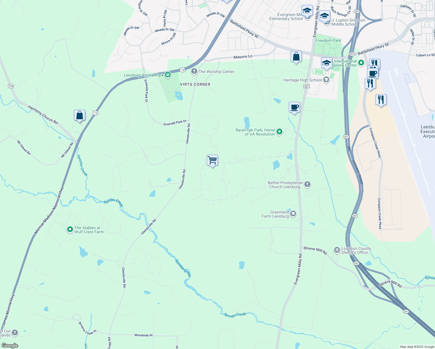 map of restaurants, bars, coffee shops, grocery stores, and more near 19647 Greenham Dr in Leesburg