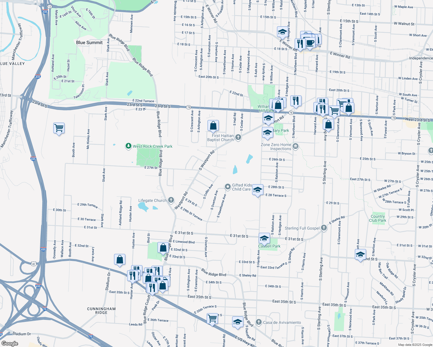 map of restaurants, bars, coffee shops, grocery stores, and more near 9746 E 26 Terrace South in Independence