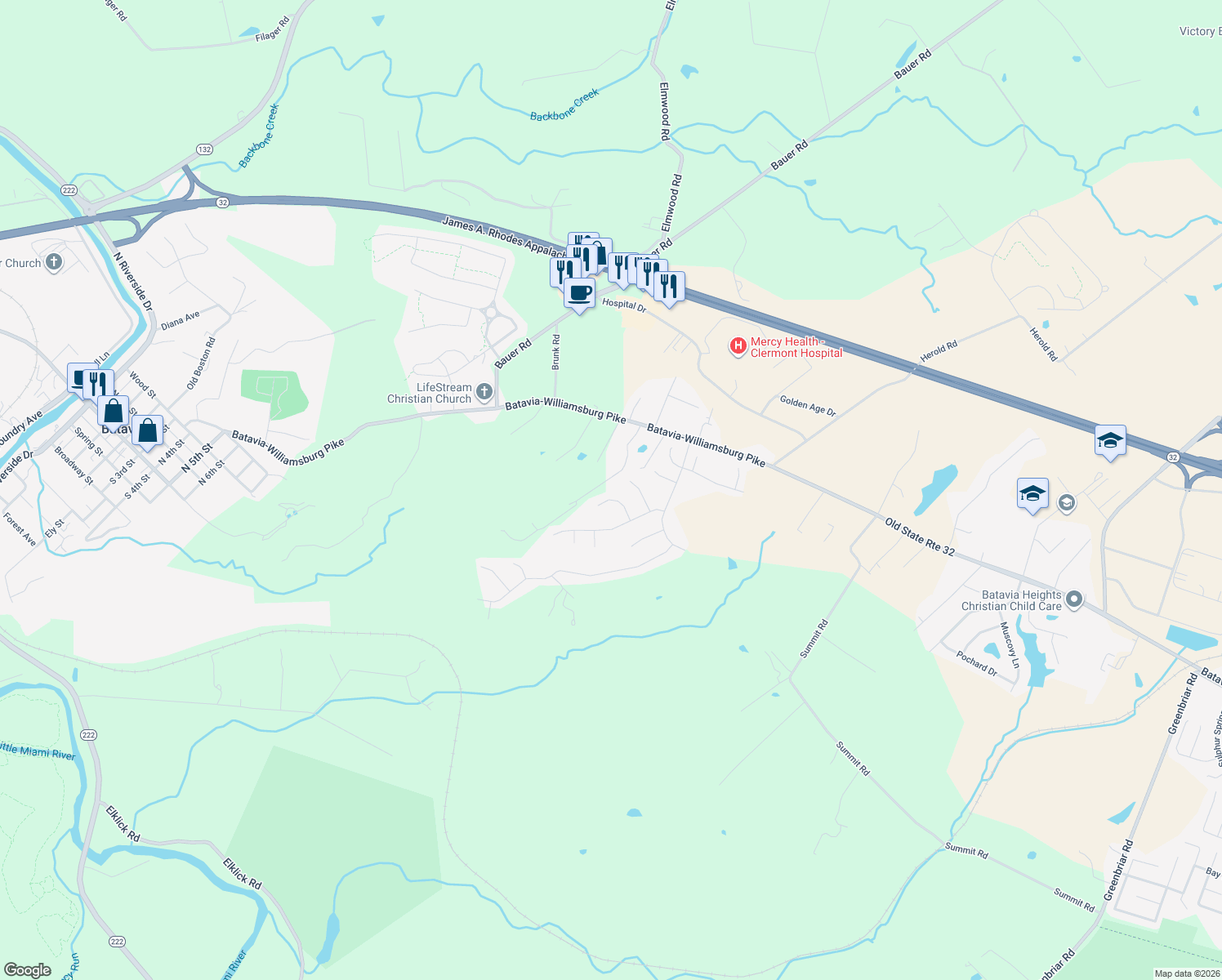 map of restaurants, bars, coffee shops, grocery stores, and more near 4316 Courtesy Lane in Batavia