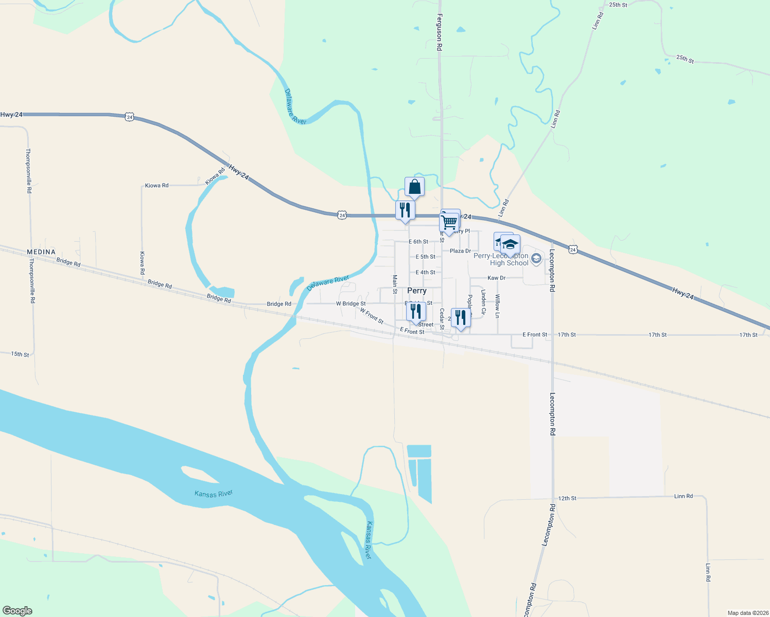 map of restaurants, bars, coffee shops, grocery stores, and more near 108 West Bridge Street in Perry