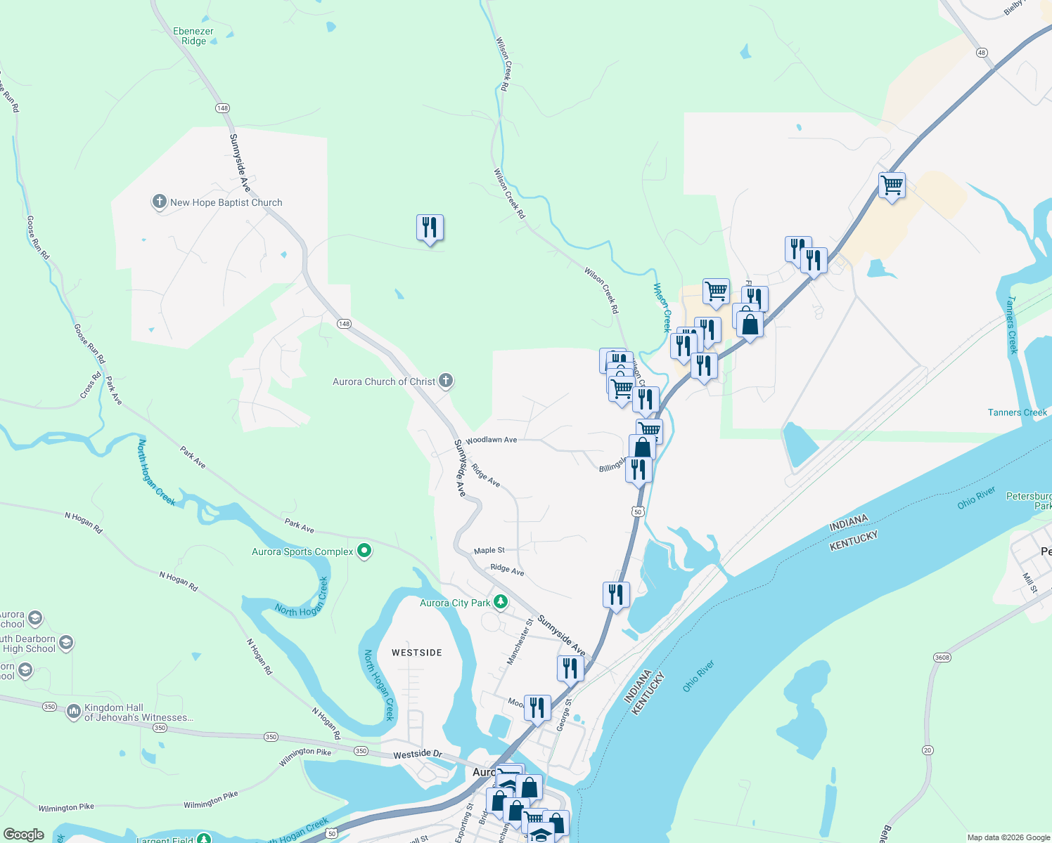 map of restaurants, bars, coffee shops, grocery stores, and more near 111 Dinah Drive in Aurora