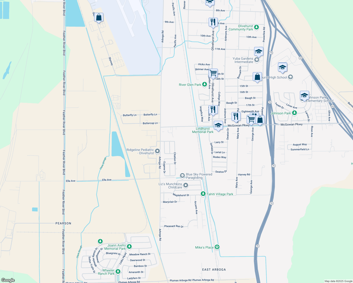 map of restaurants, bars, coffee shops, grocery stores, and more near 4179 Citation Drive in Olivehurst