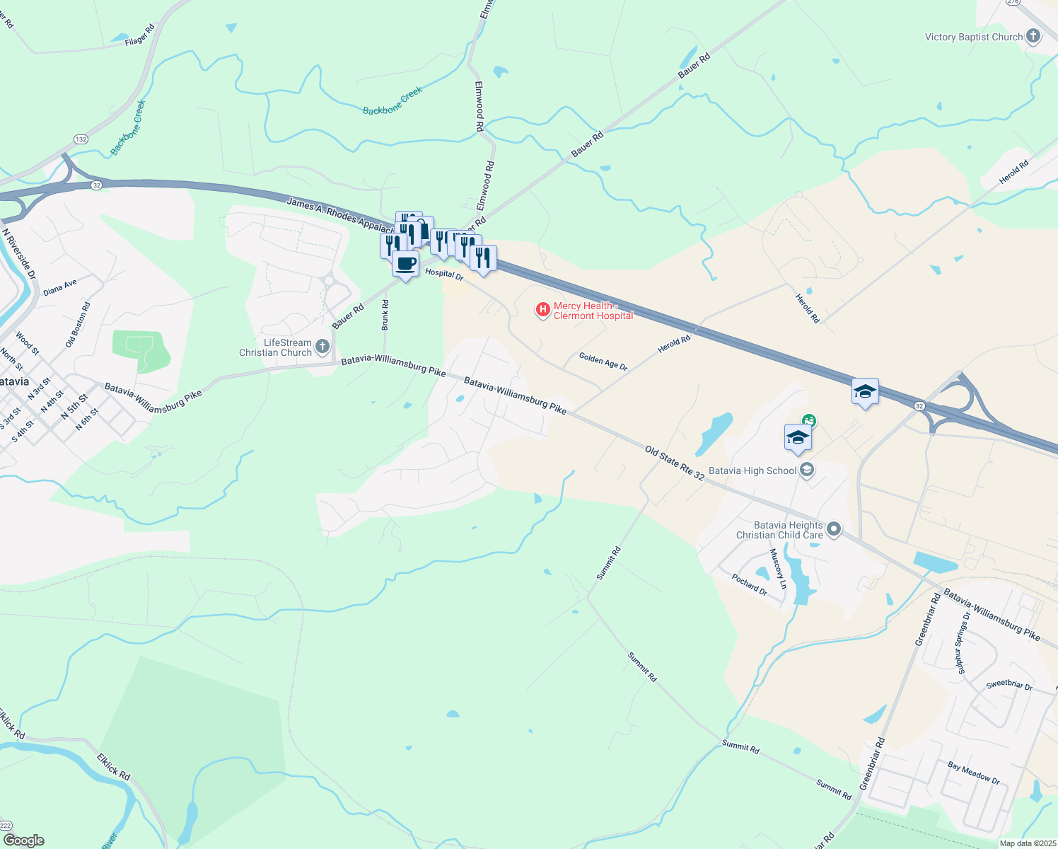 map of restaurants, bars, coffee shops, grocery stores, and more near 2330 Pleasant Meadows Drive in Batavia