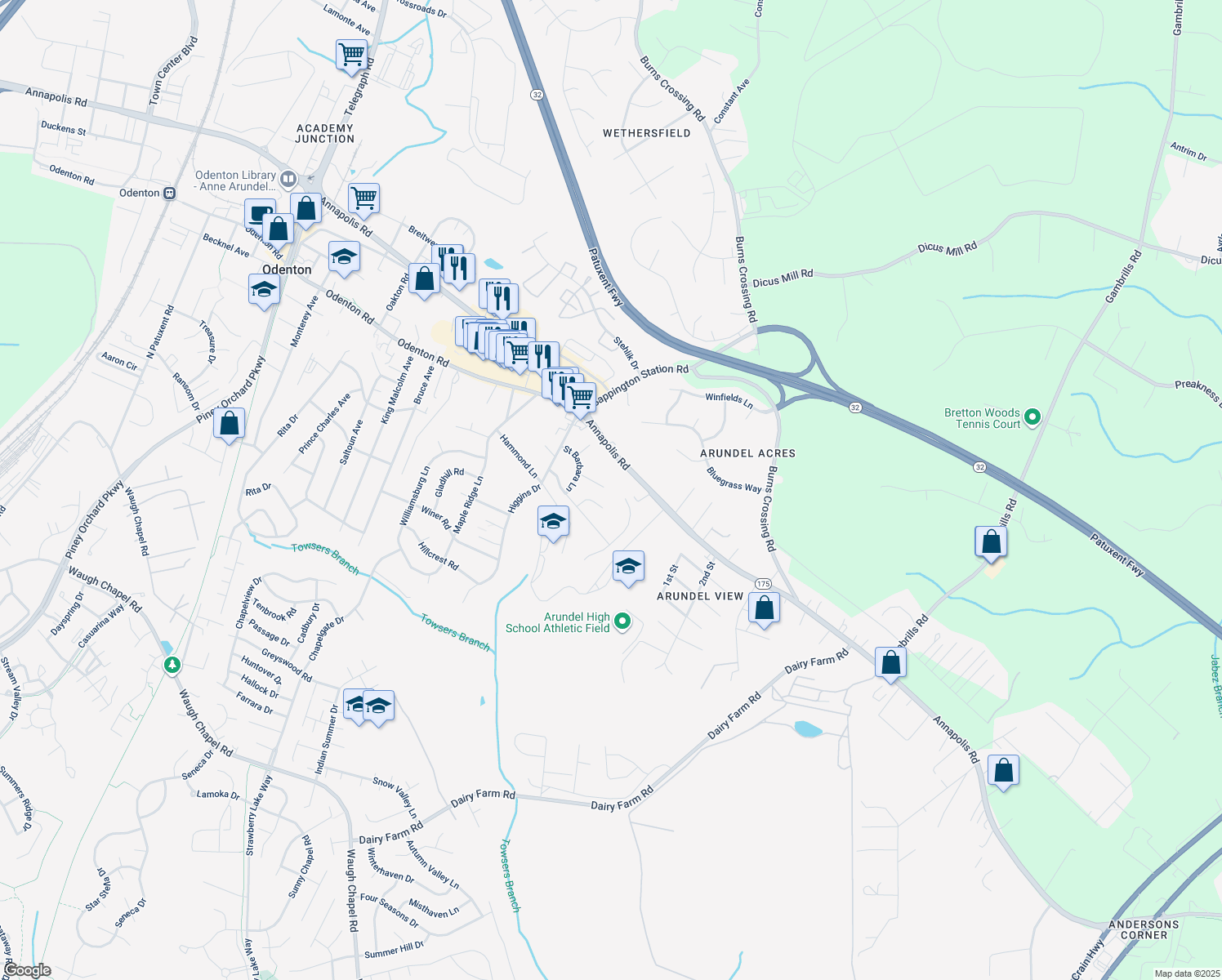 map of restaurants, bars, coffee shops, grocery stores, and more near 1102 Top Ridge Court in Gambrills