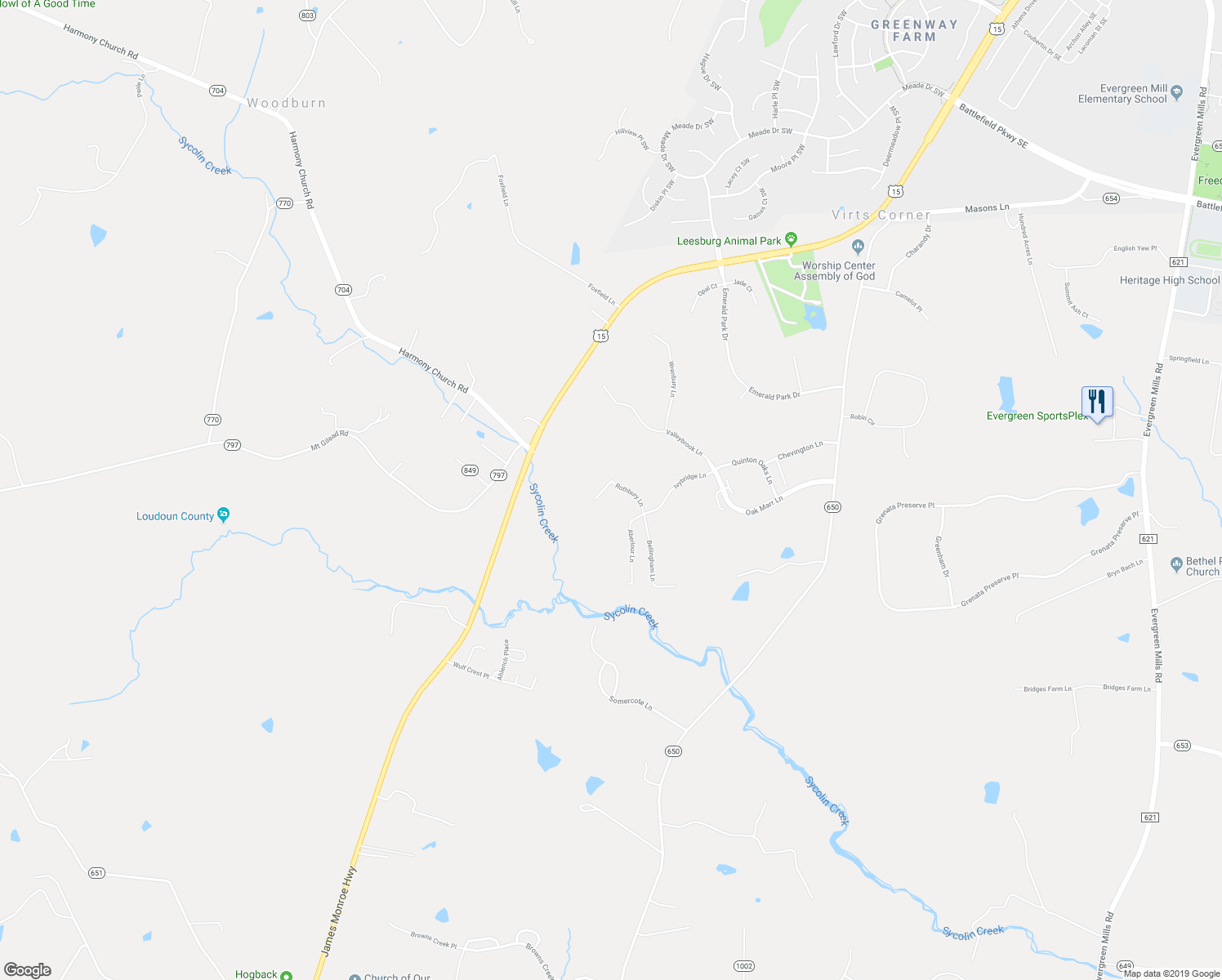 map of restaurants, bars, coffee shops, grocery stores, and more near 19575 Rothbury Ln in Leesburg