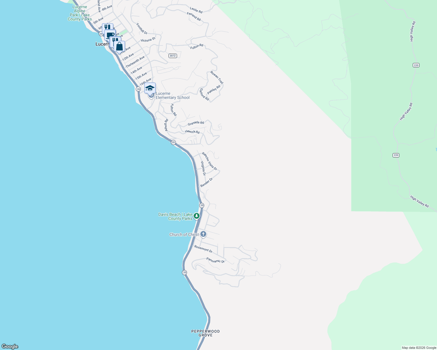 map of restaurants, bars, coffee shops, grocery stores, and more near 2981 Bender Drive in Lucerne