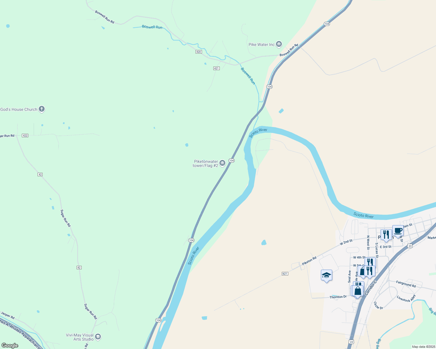 map of restaurants, bars, coffee shops, grocery stores, and more near 104 Brookside Drive in Piketon