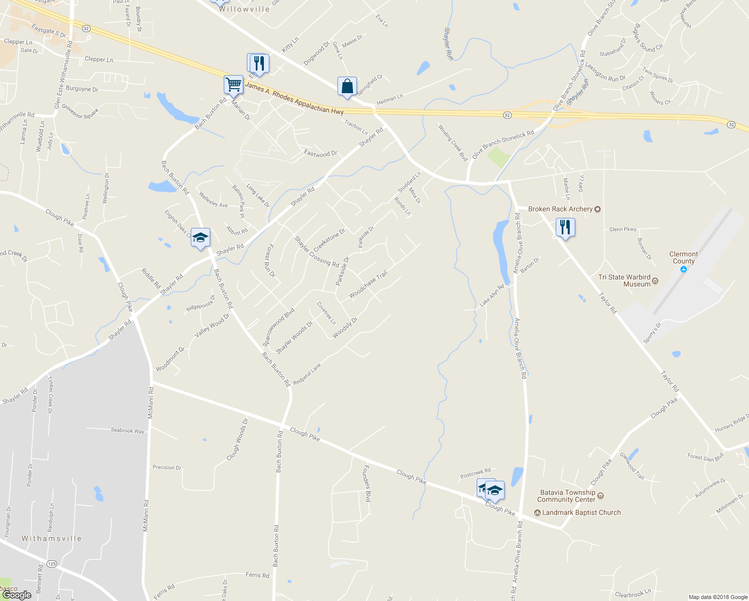 map of restaurants, bars, coffee shops, grocery stores, and more near 4079 Woodsly Drive in Batavia