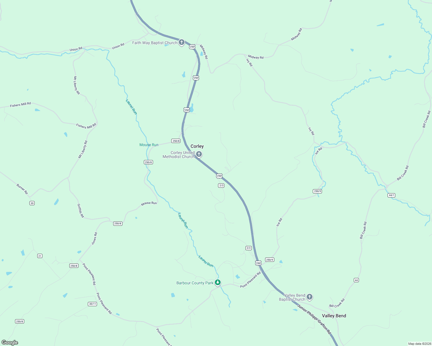 map of restaurants, bars, coffee shops, grocery stores, and more near County Route 2/3 in Barbour County