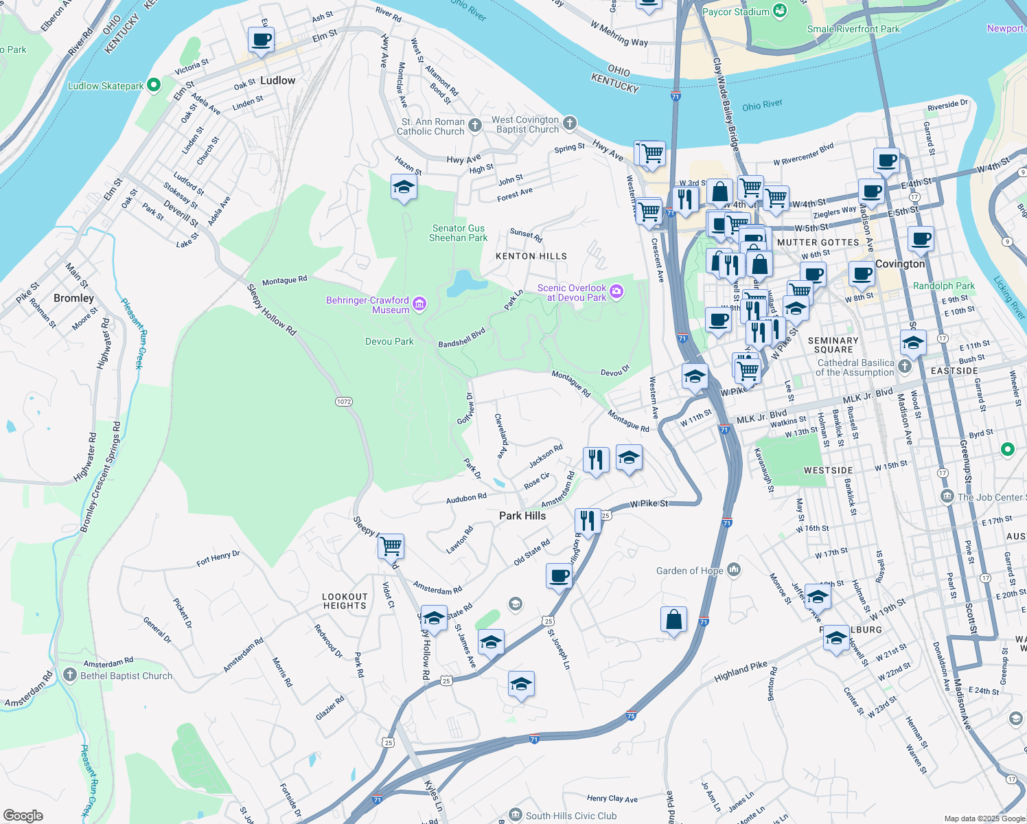 map of restaurants, bars, coffee shops, grocery stores, and more near 1165 Morgan Ct in Park Hills