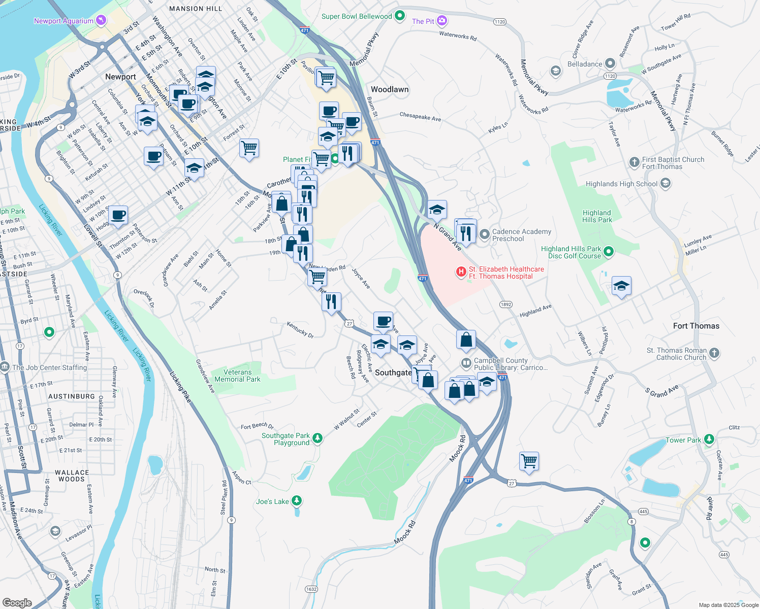 map of restaurants, bars, coffee shops, grocery stores, and more near 2230 Joyce Ave in Newport