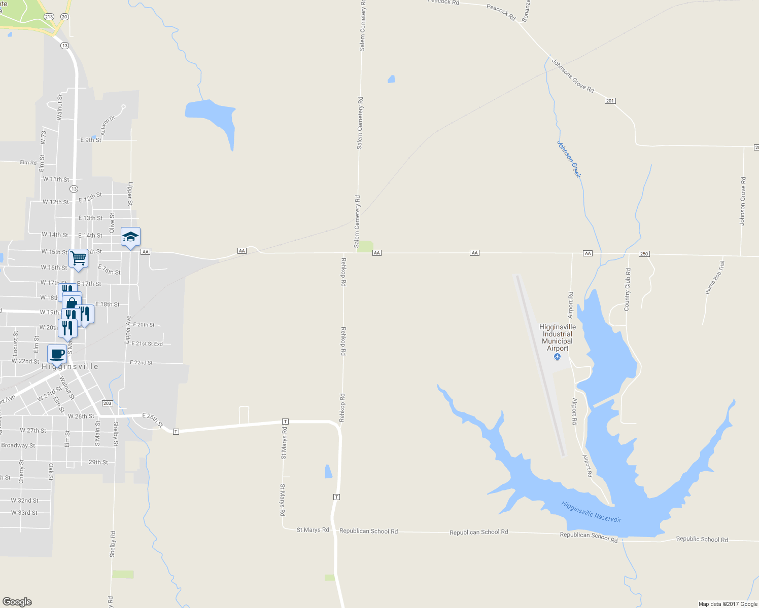 map of restaurants, bars, coffee shops, grocery stores, and more near 11712 Rehkop Road in Higginsville