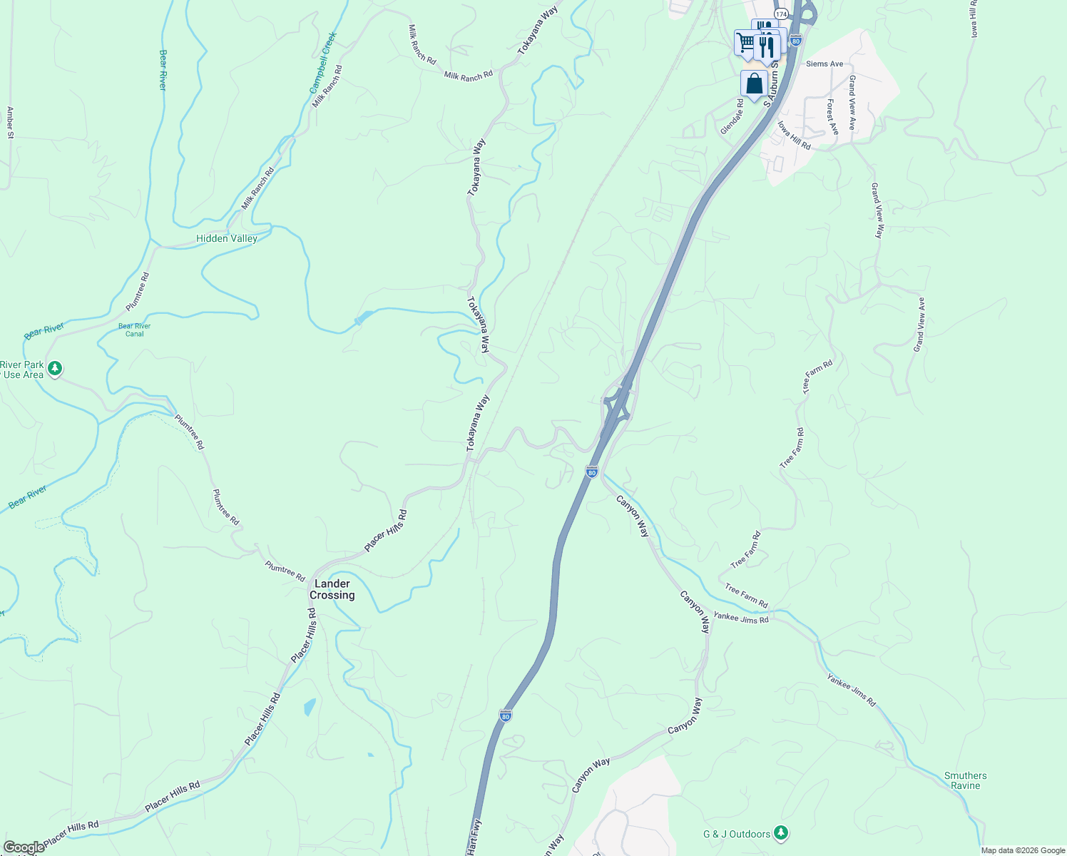 map of restaurants, bars, coffee shops, grocery stores, and more near 23025 Placer Hills Road in Colfax