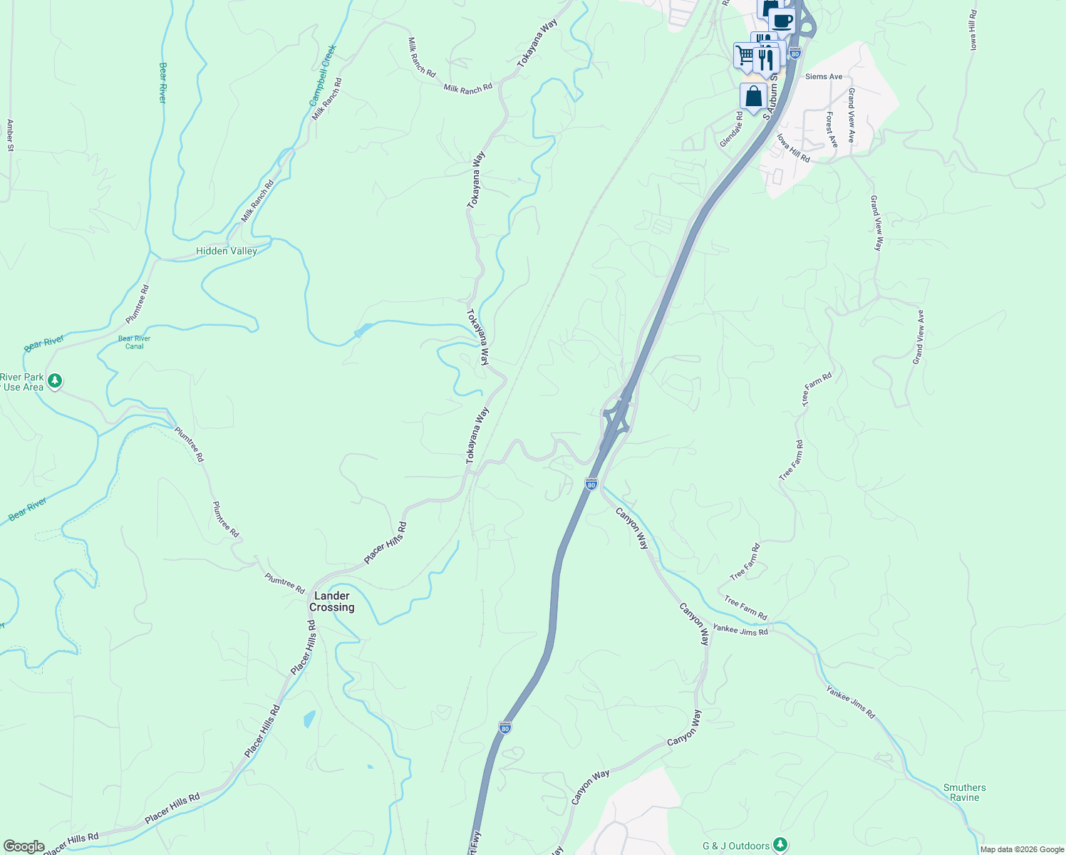 map of restaurants, bars, coffee shops, grocery stores, and more near 23025 Placer Hills Road in Colfax