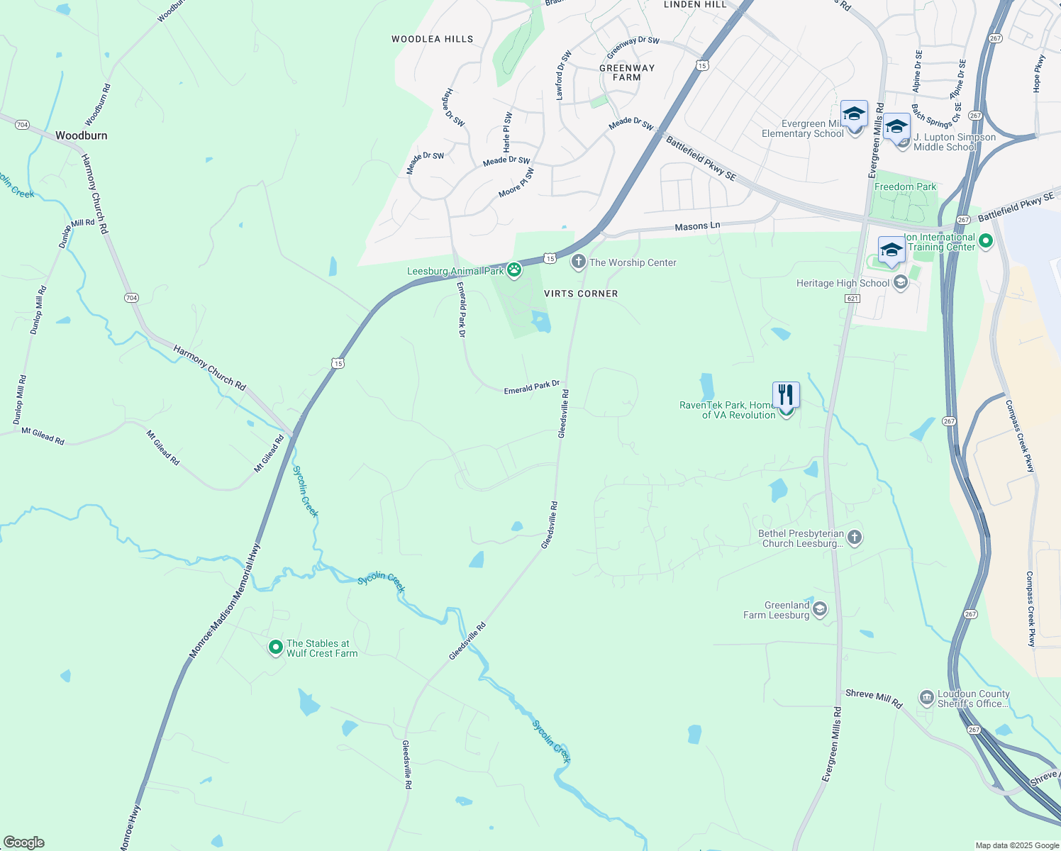 map of restaurants, bars, coffee shops, grocery stores, and more near 40736 Chevington Lane in Leesburg